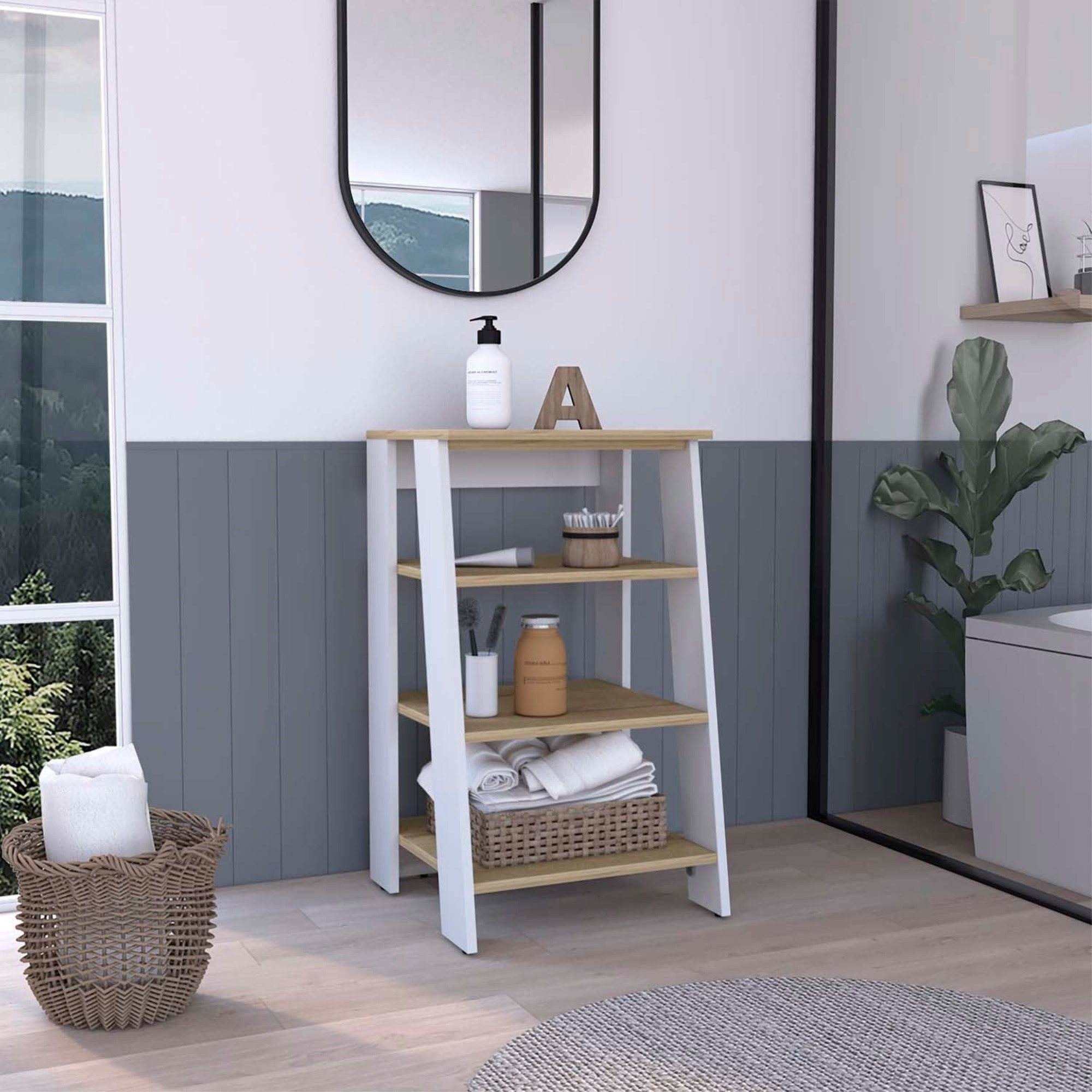 TUHOME St. Lucia Linen Cabinet, Vertical, Four Shelves, Countertop, Light Oak - White , For Bathroom