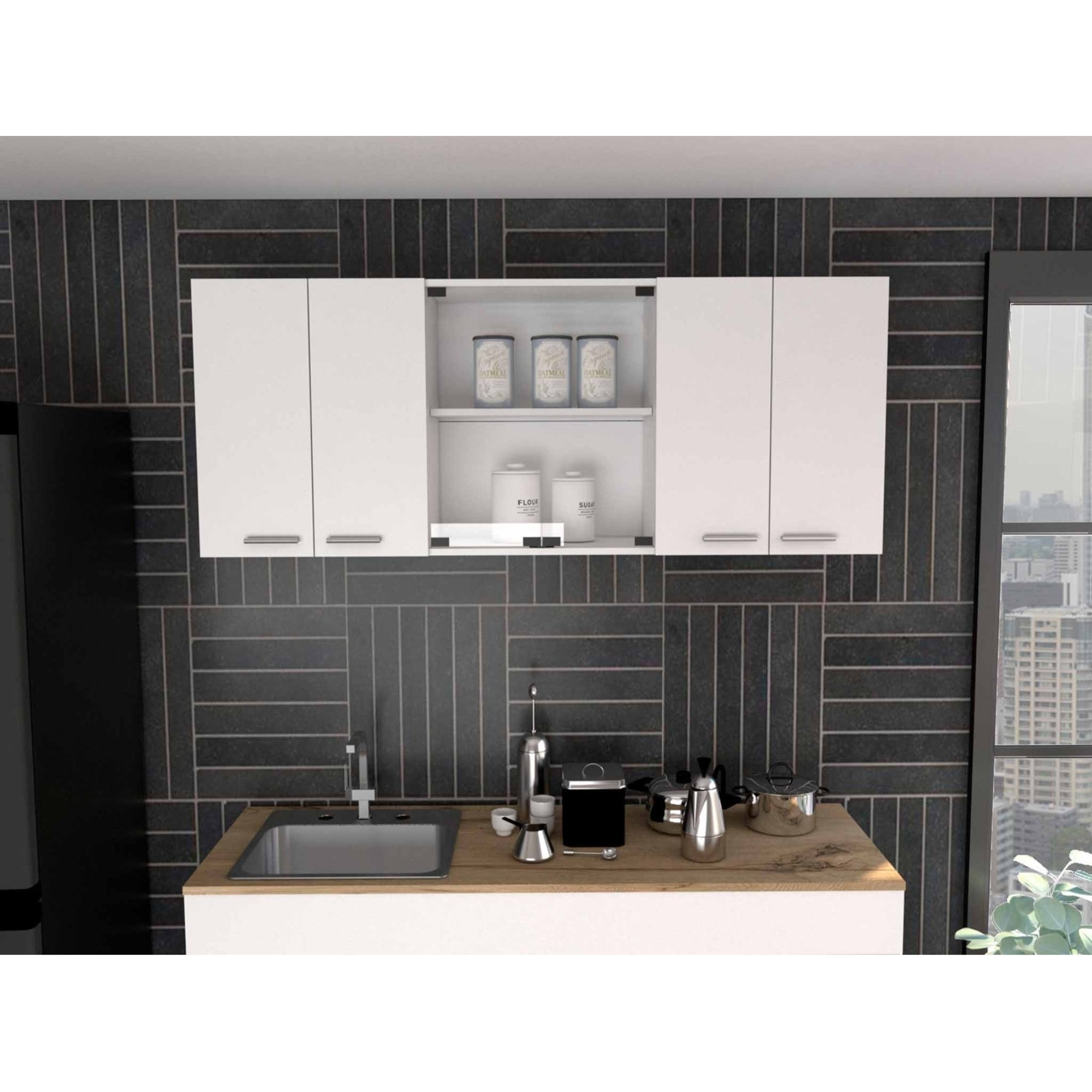 TUHOME Superior 150 Wall Cabinet With Glass, Four Internal Shelves, Glass Cabinet, Two Double Door Cabinet, Racks, White, For Kitchen Room