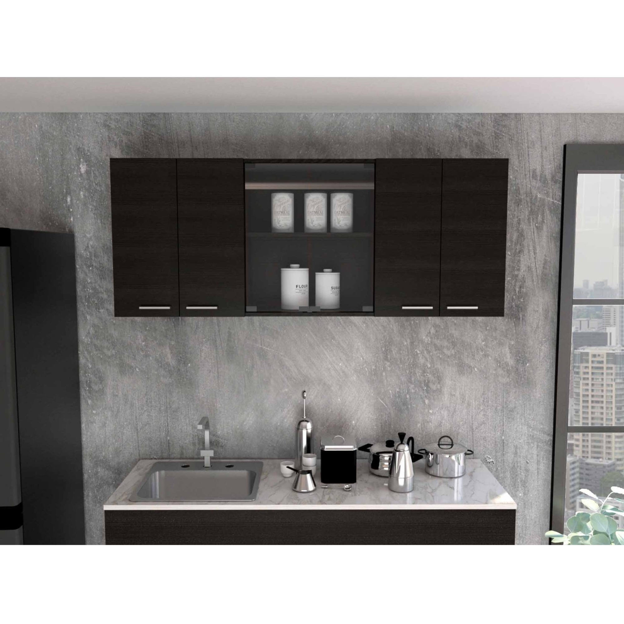 TUHOME Superior 150 Wall Cabinet With Glass, Four Internal Shelves, Glass Cabinet, Two Double Door Cabinet, Racks, Black, For Kitchen Room