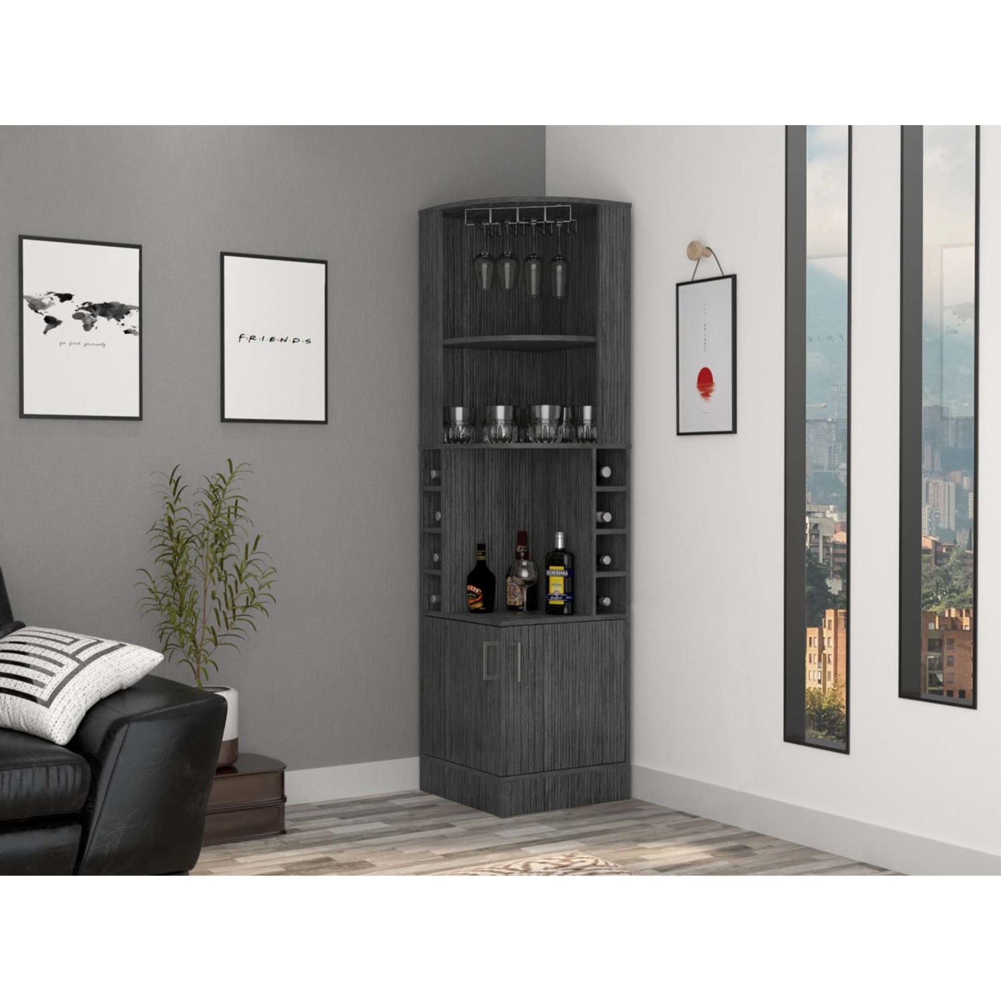 TUHOME Syrah Corner Bar Cabinet, Two External Shelves, Cup Rack -Smoky Oak, For Living Room