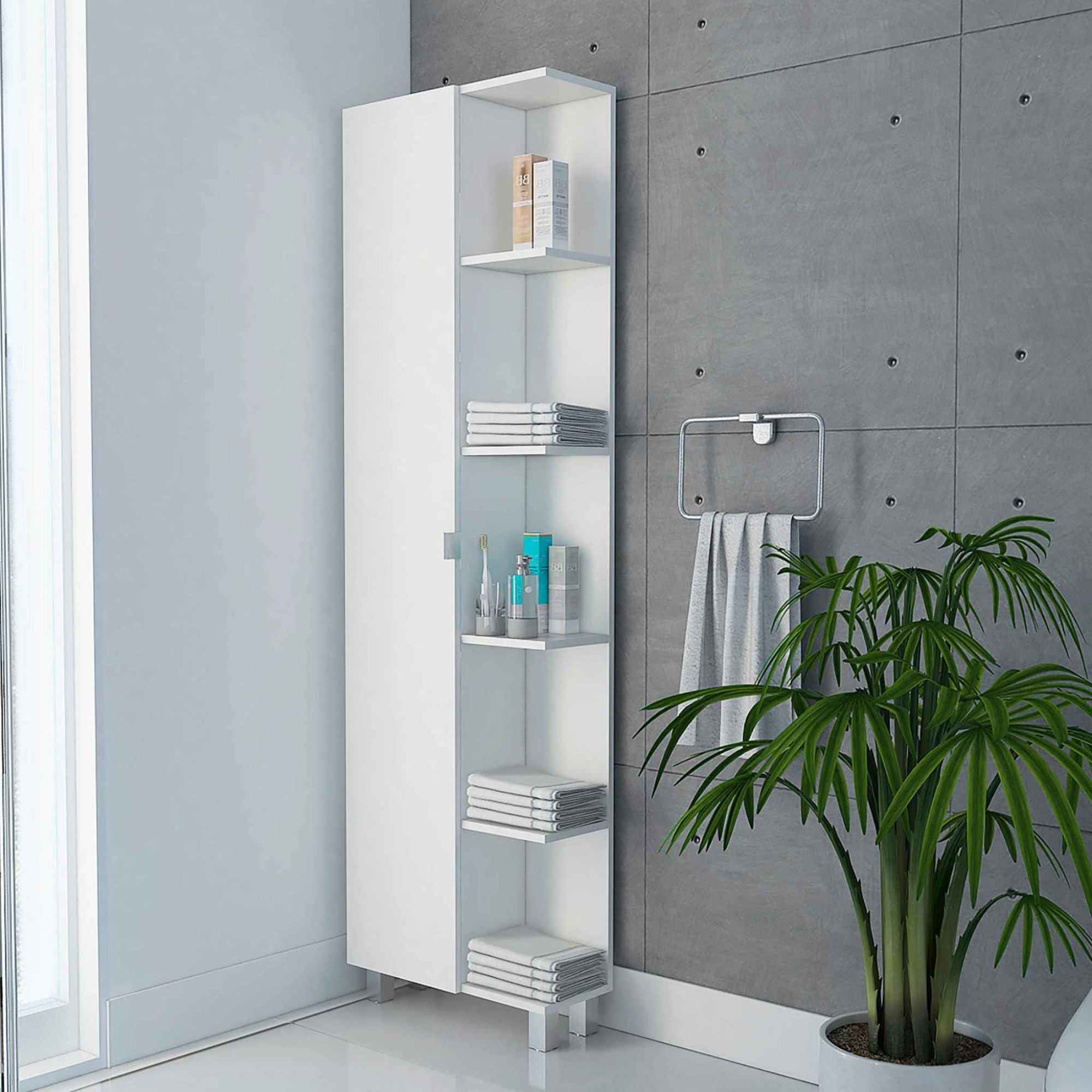 TUHOME Venus Corner Linen Cabinet, Five External Shelves, Four Legs, One Door, Four Internal Shelves, White(Urano Corner Cabinet), For Bathroom