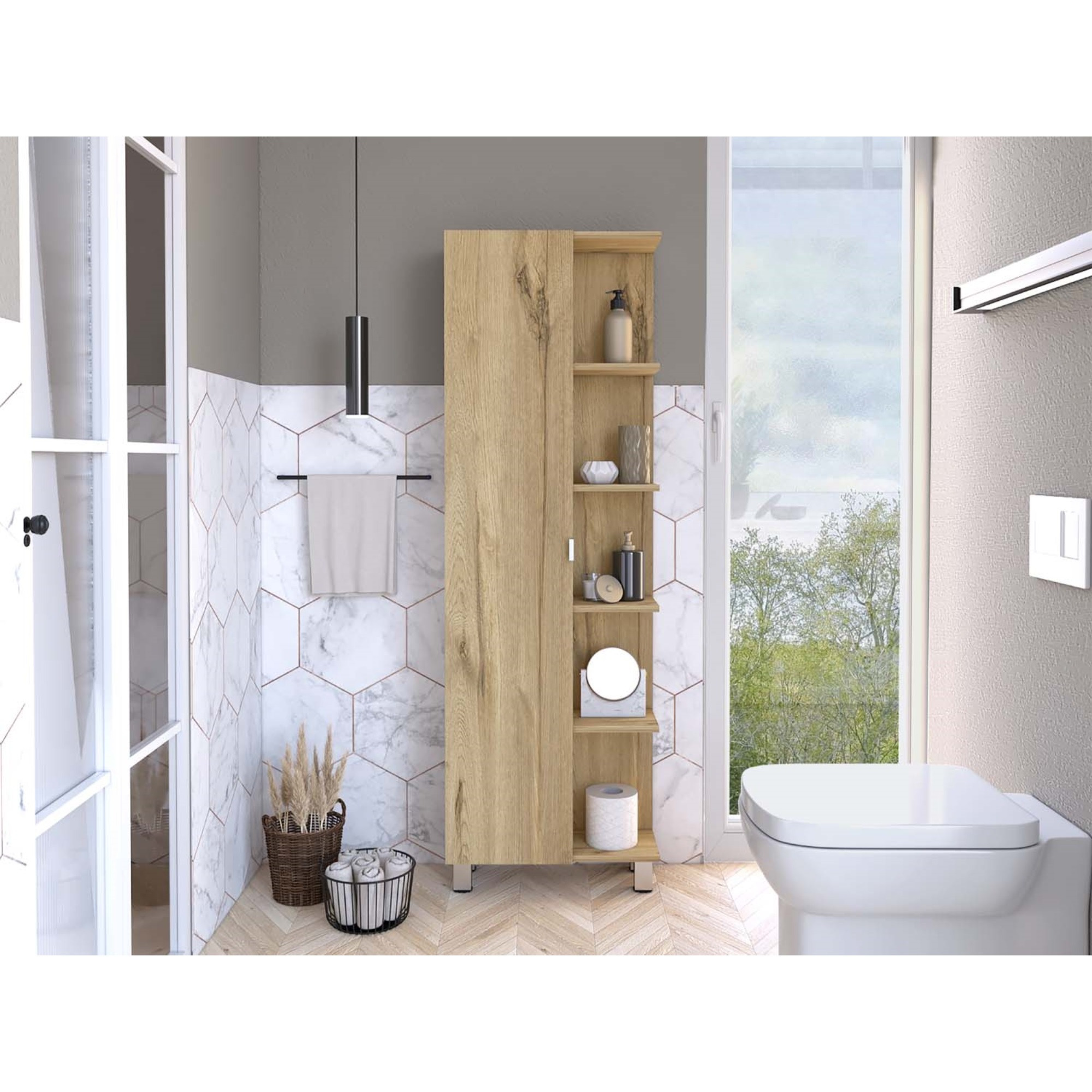 TUHOME Urano Mirror Linen Cabinet, Four Internal Shelves, Four Legs, Mirror Door Cabinet, Five External Shelves-Light Oak, For Bathroom