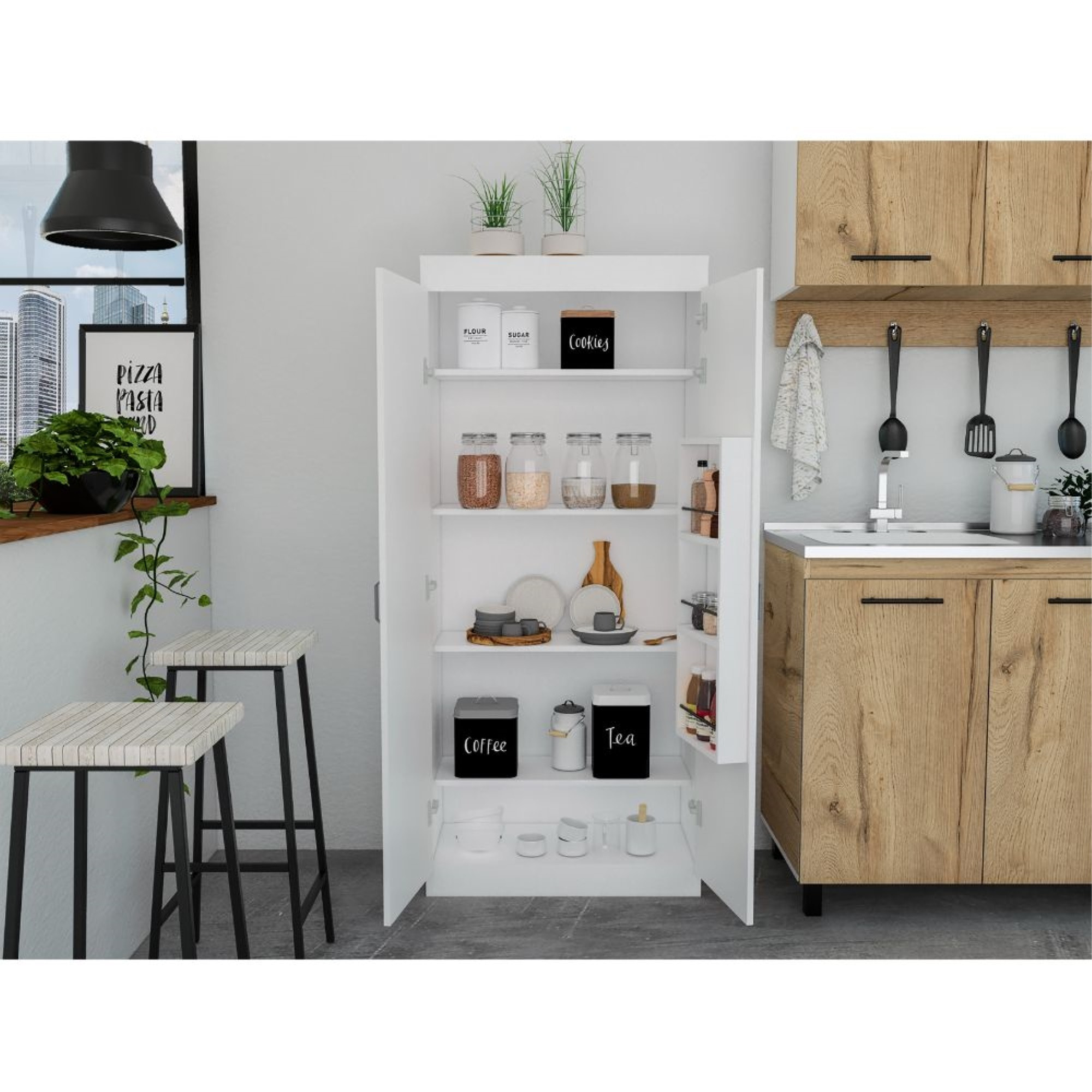 TUHOME Varese Pantry Cabinet, Two Door Cabinet, Three Internal Door Shelves, Five Shelves, White , For Kitchen Room