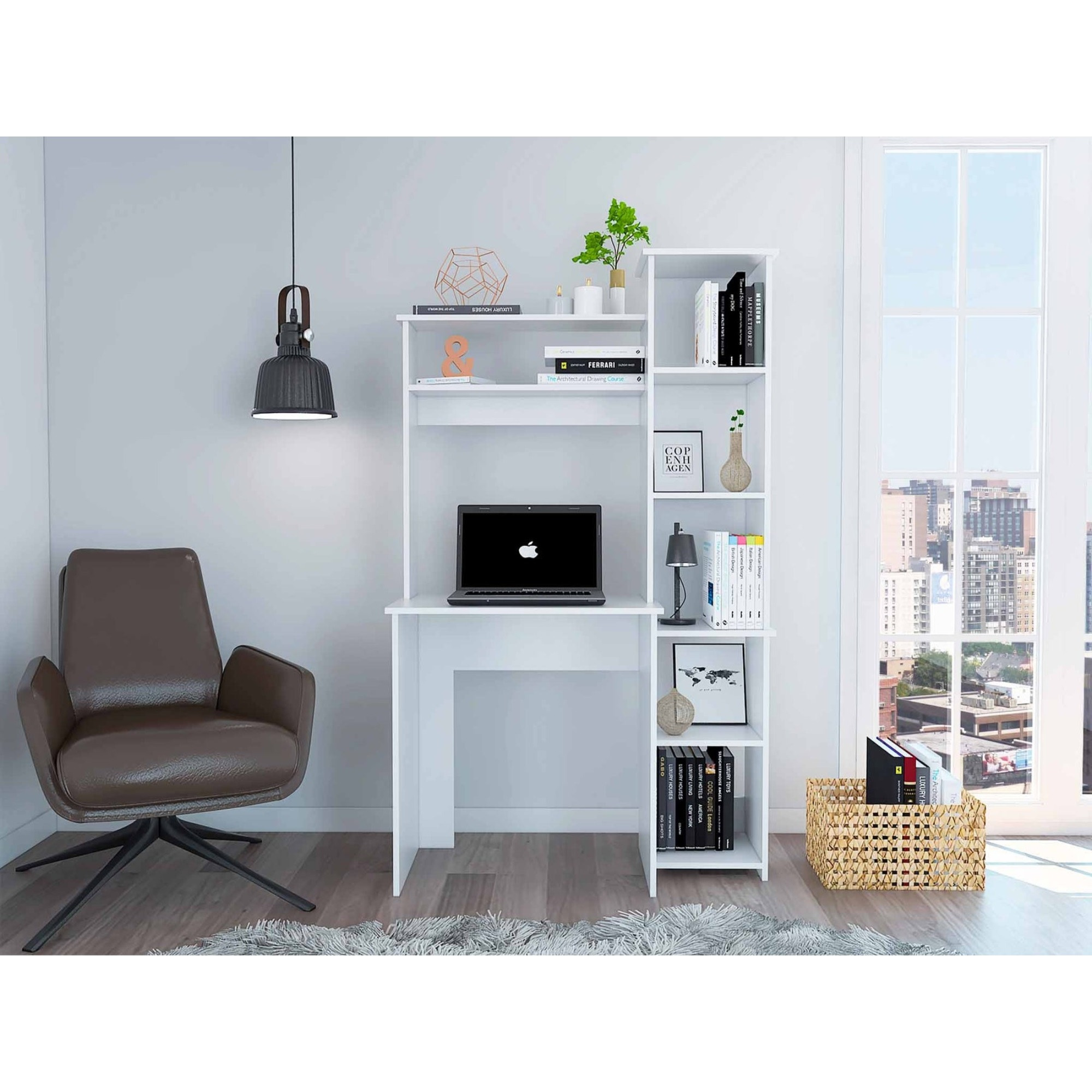 TUHOME Versalles Desk, Two Superior Shelve, Countertop Desk, Five Shelves, White, For Office