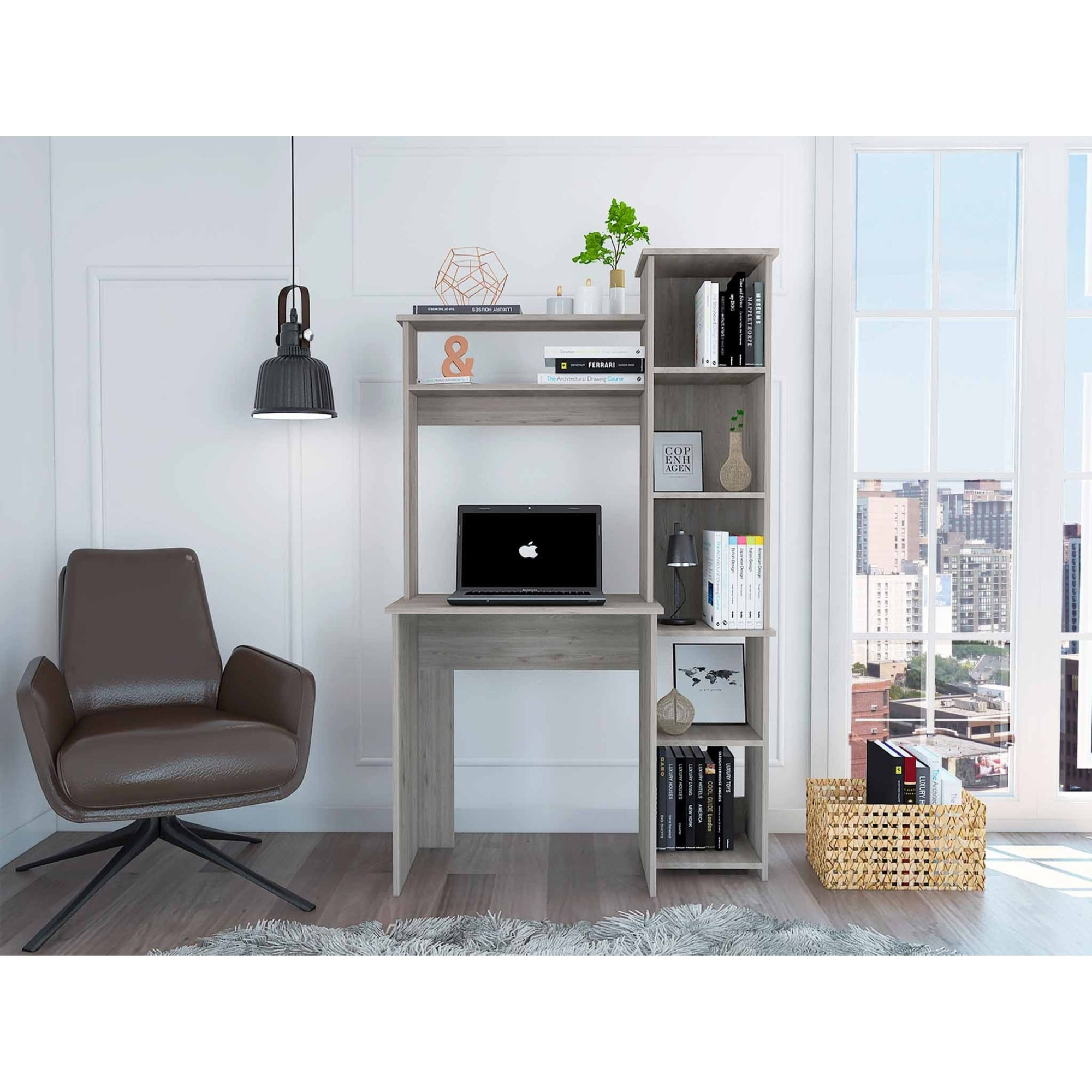 TUHOME Versalles Desk, Two Superior Shelve, Countertop Desk, Five Shelves, Light Grey, For Office