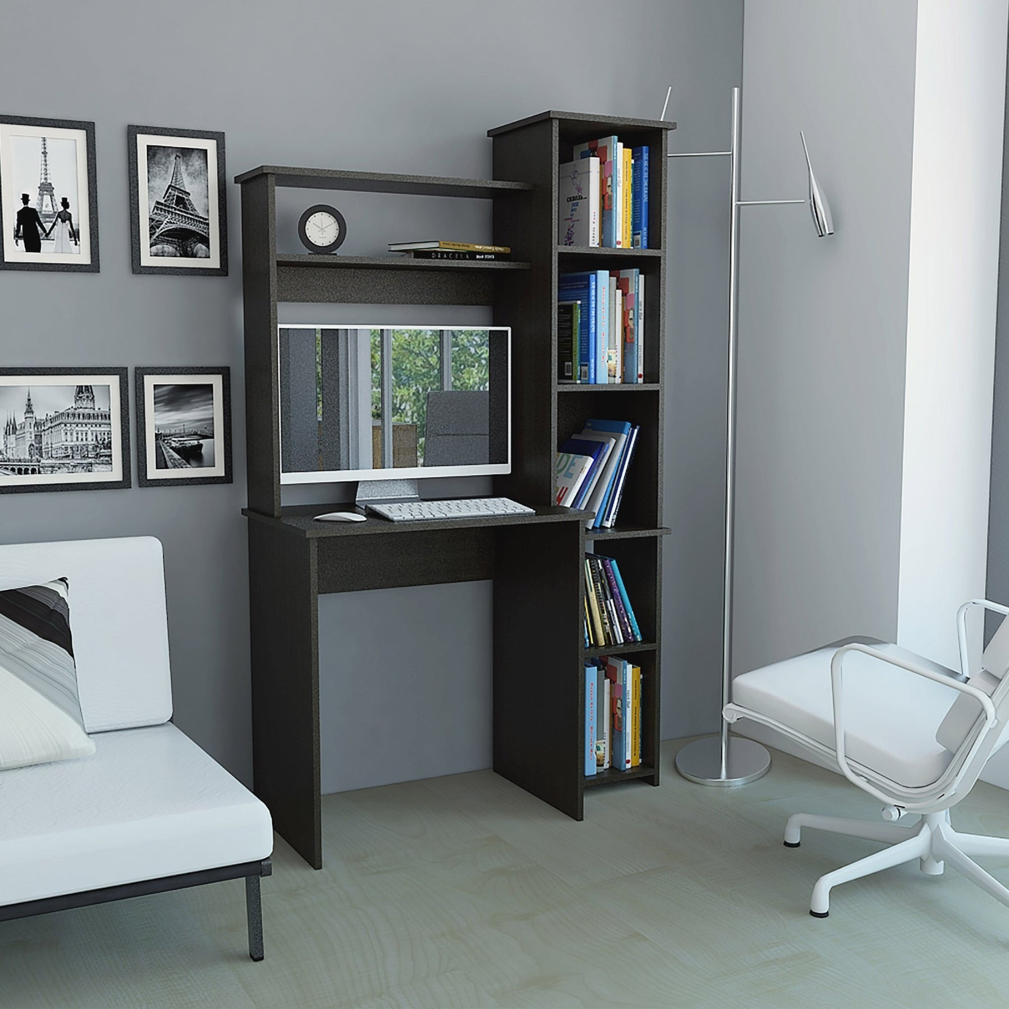 TUHOME Versalles Desk, Two Superior Shelve, Countertop Desk, Five Shelves,Black, For Office