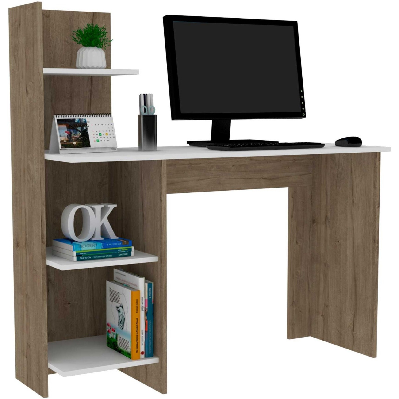 TUHOME Vilna 120 Desk , Four Shelves, Countertop Desk, White/Light Oak, For Office