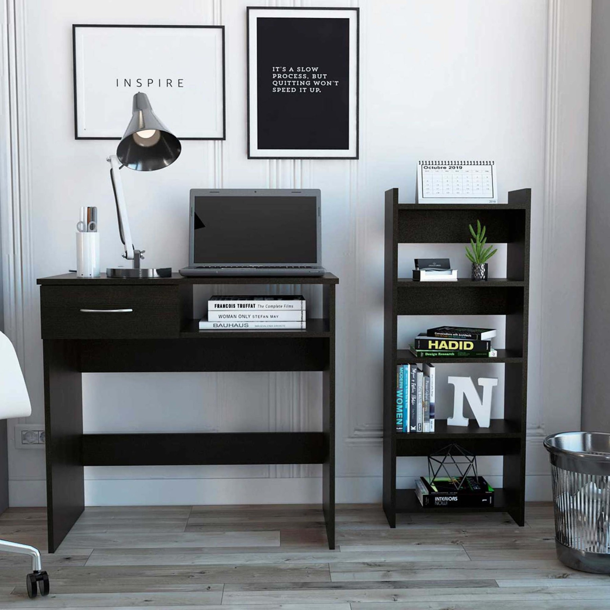 TUHOME Vizcaya Home Office Set, One Countertop Desk, Two Parts Set, One Drawer, Shelf For Keyboard, Stand With Five Shelves, Black, For Office