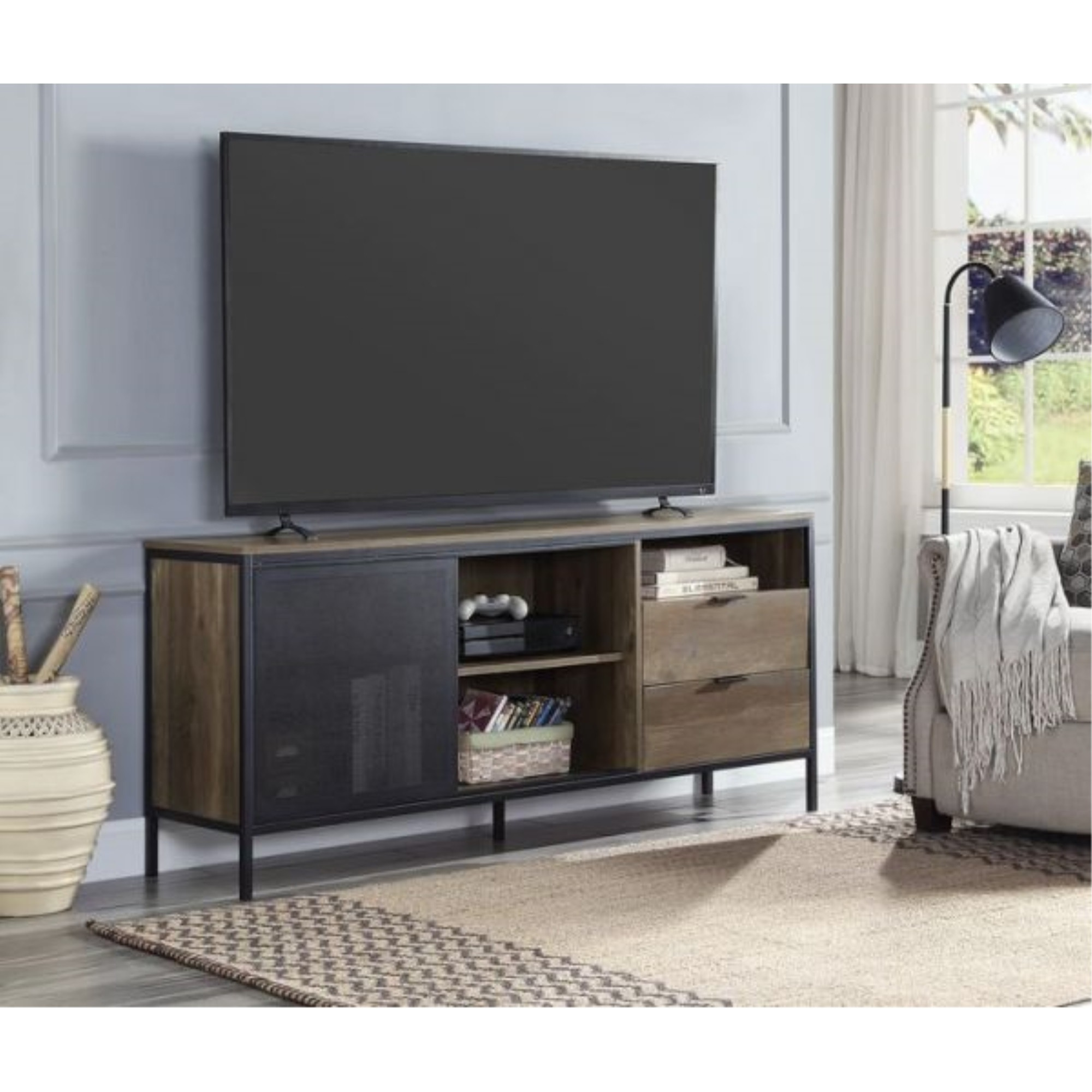 LV00405 TV Stand, Rustic Oak & Black Finish - Nantan ( 1Set/2Ctn )