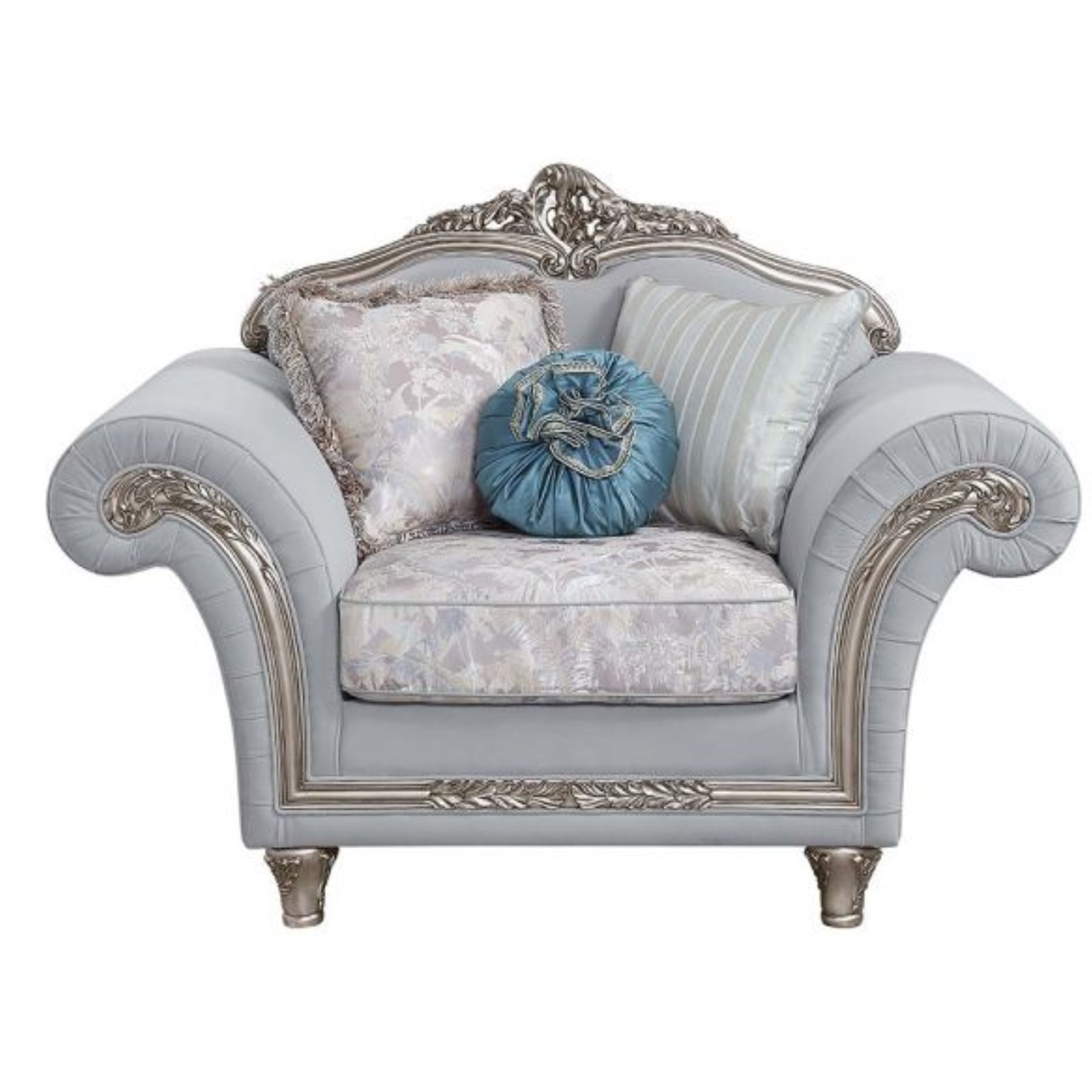 LV01114 Chair w/3 Pillows, Light Gray Linen & Platinum Finish - Pelumi ( 1Pc/1Ctn )