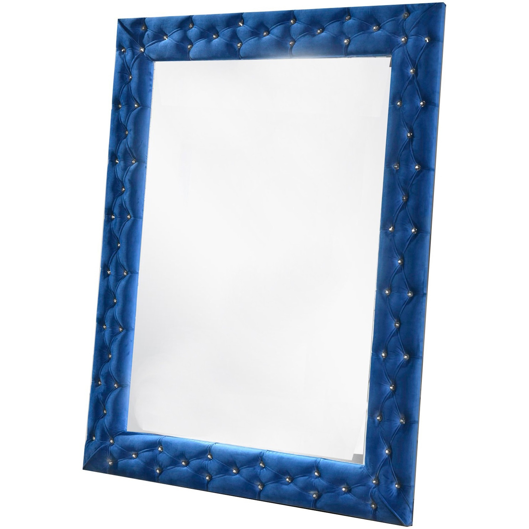 Velvet Wrapped Wooden Frame Mirror with Button Tufting, Blue