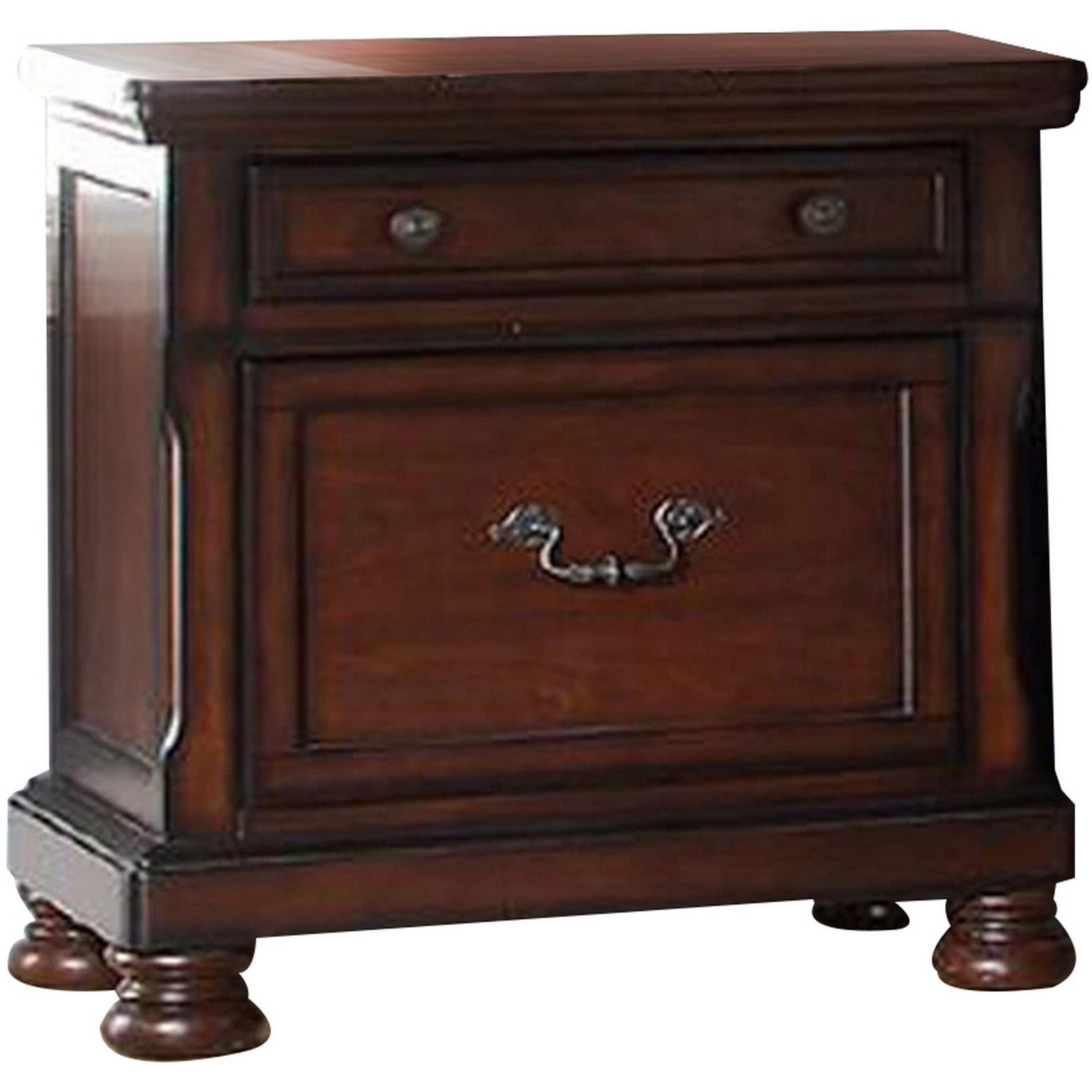Two Drawers Wooden Nightstand with Bun Feet, Brown