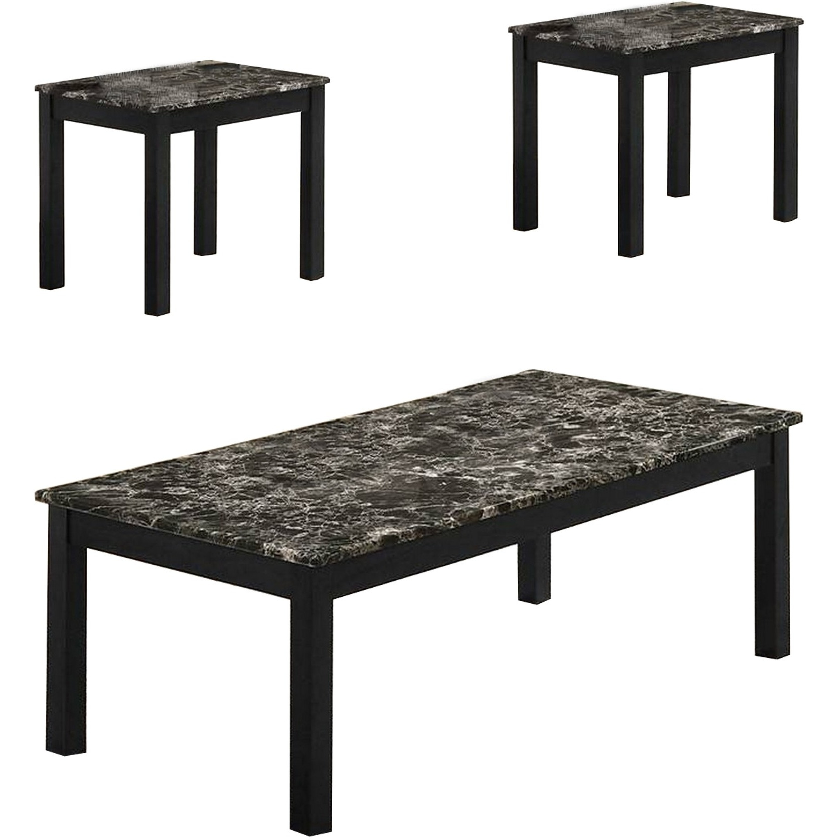 3 Piece Coffee Table and End Table with Faux Marble Top, Black