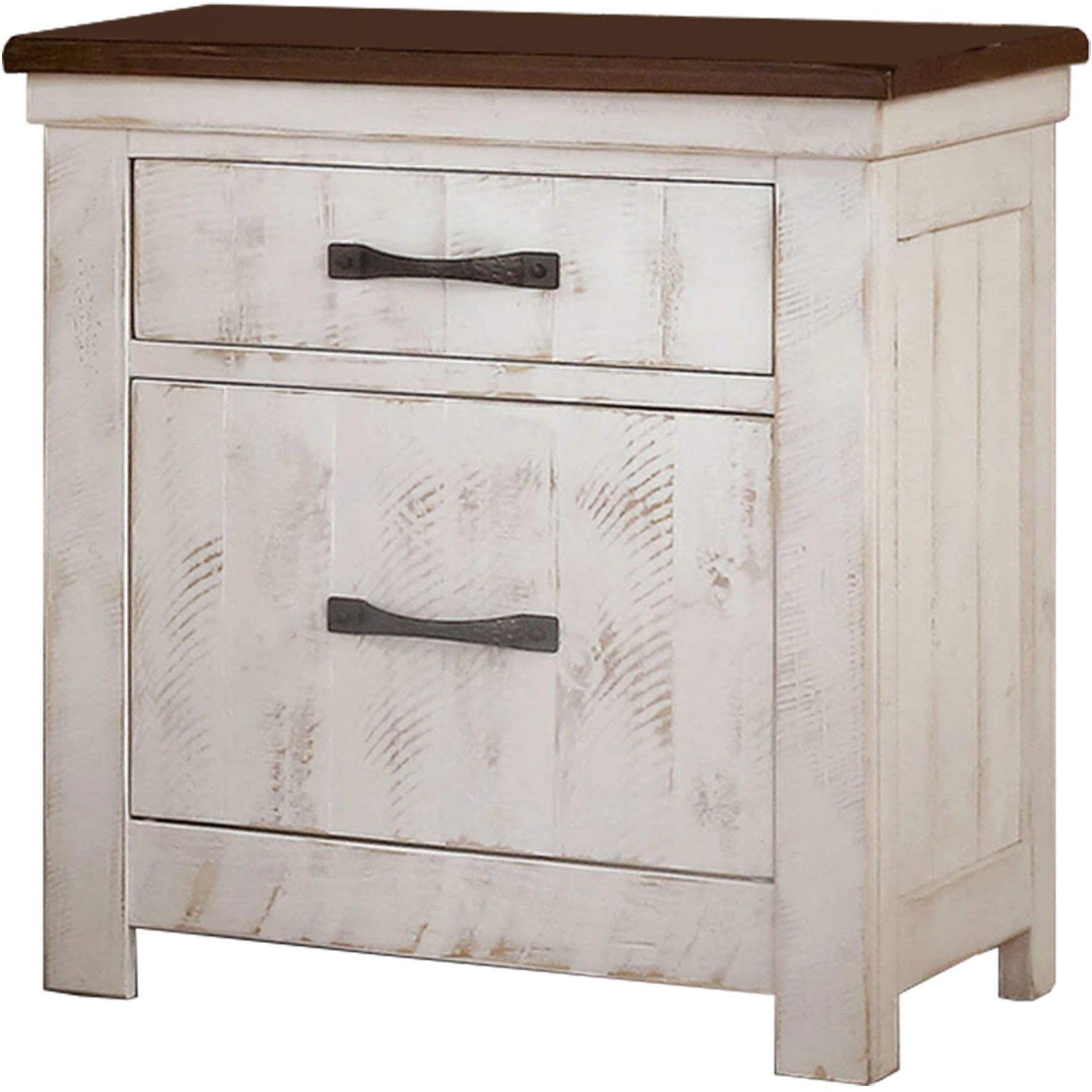 Nightstand with Plank Design 2 Drawers and USB Plugs, White and Brown