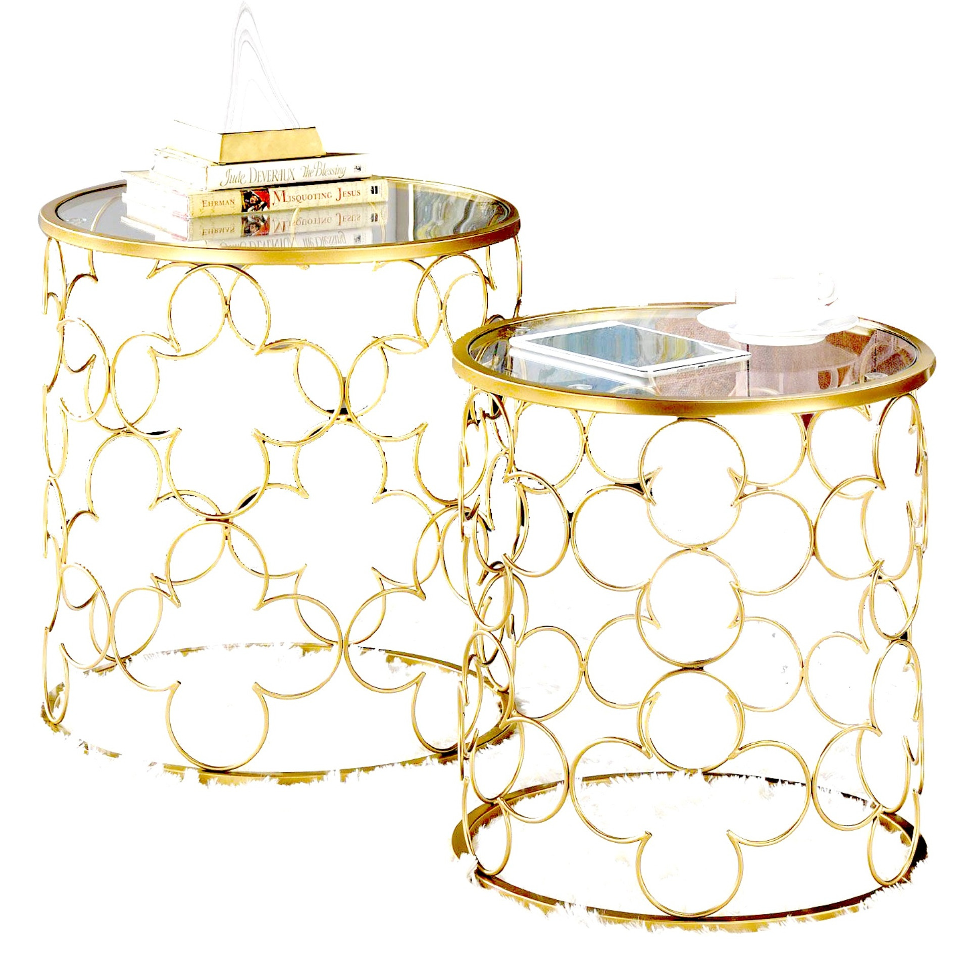 2 Piece Round Nesting Table with Lattice Metal Base, Gold