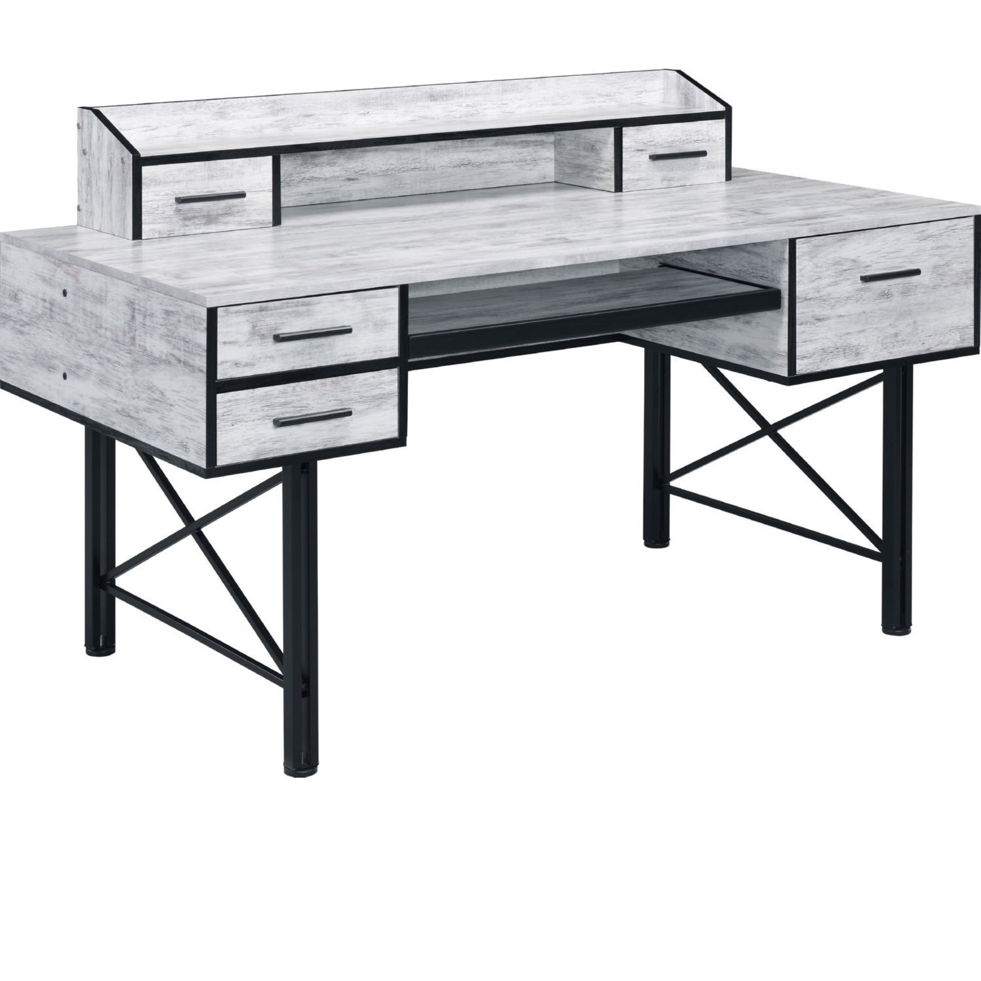 Computer Desk with 5 Drawers and Grains, Antique White and Black