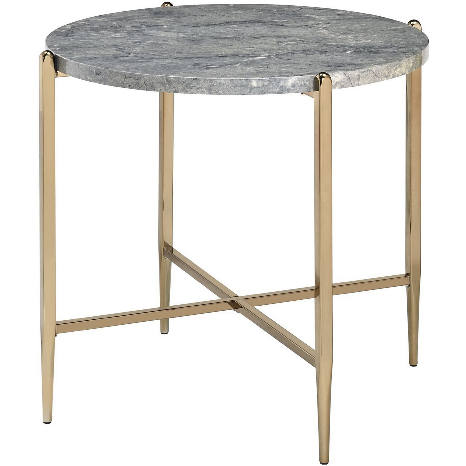 End Table with Oval Marble Top and X Shaped Support, Gray and Gold