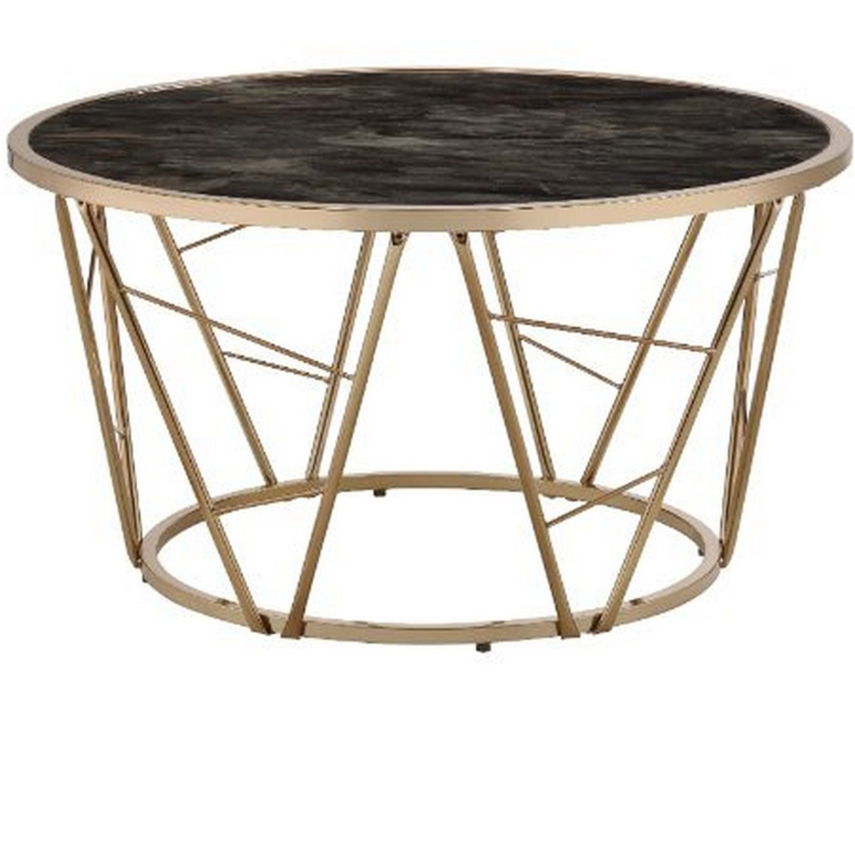 Coffee Table with Glass Top and Geometric Frame, Black and Gold
