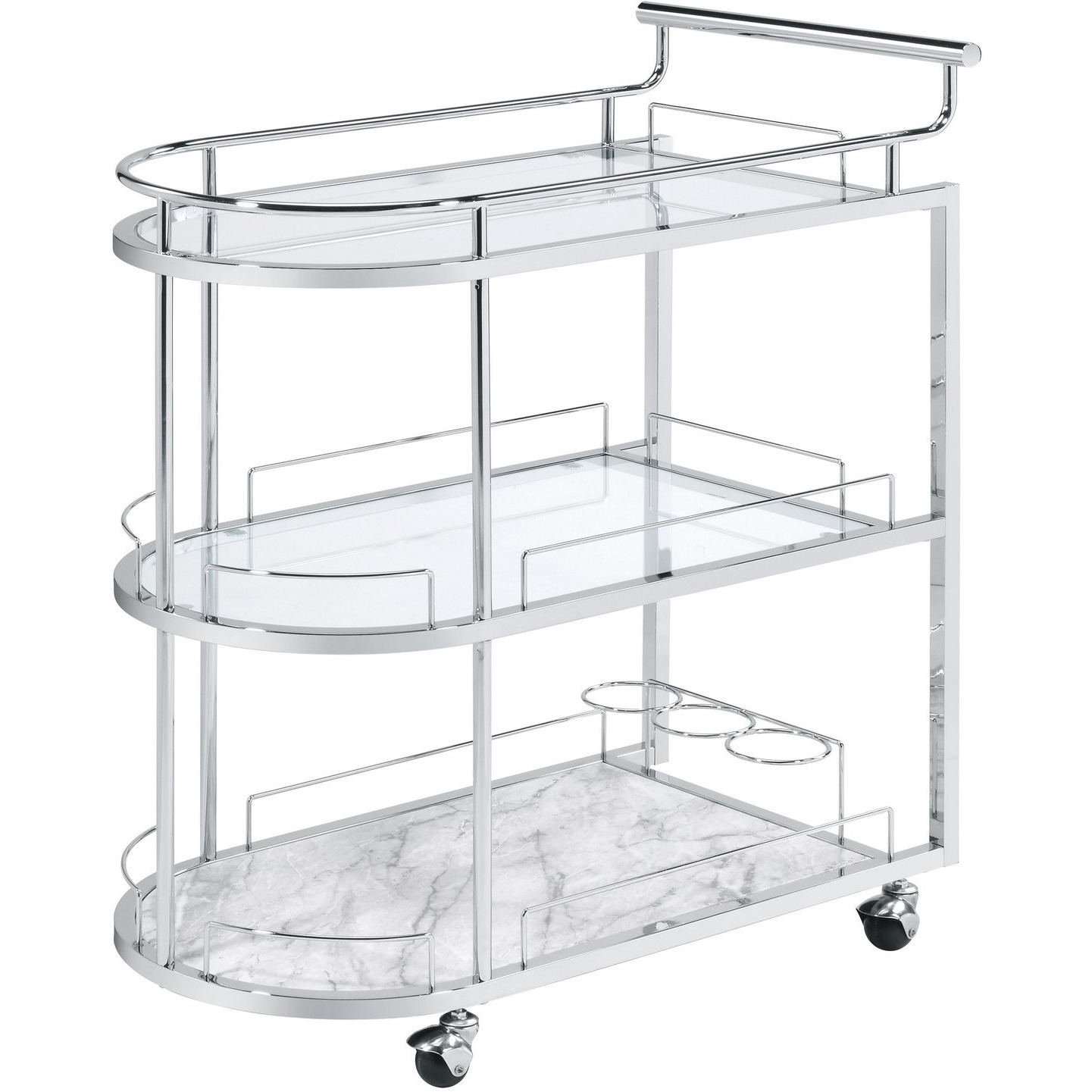 Serving Cart with Oval Shape and Metal Bar Handle, Silver