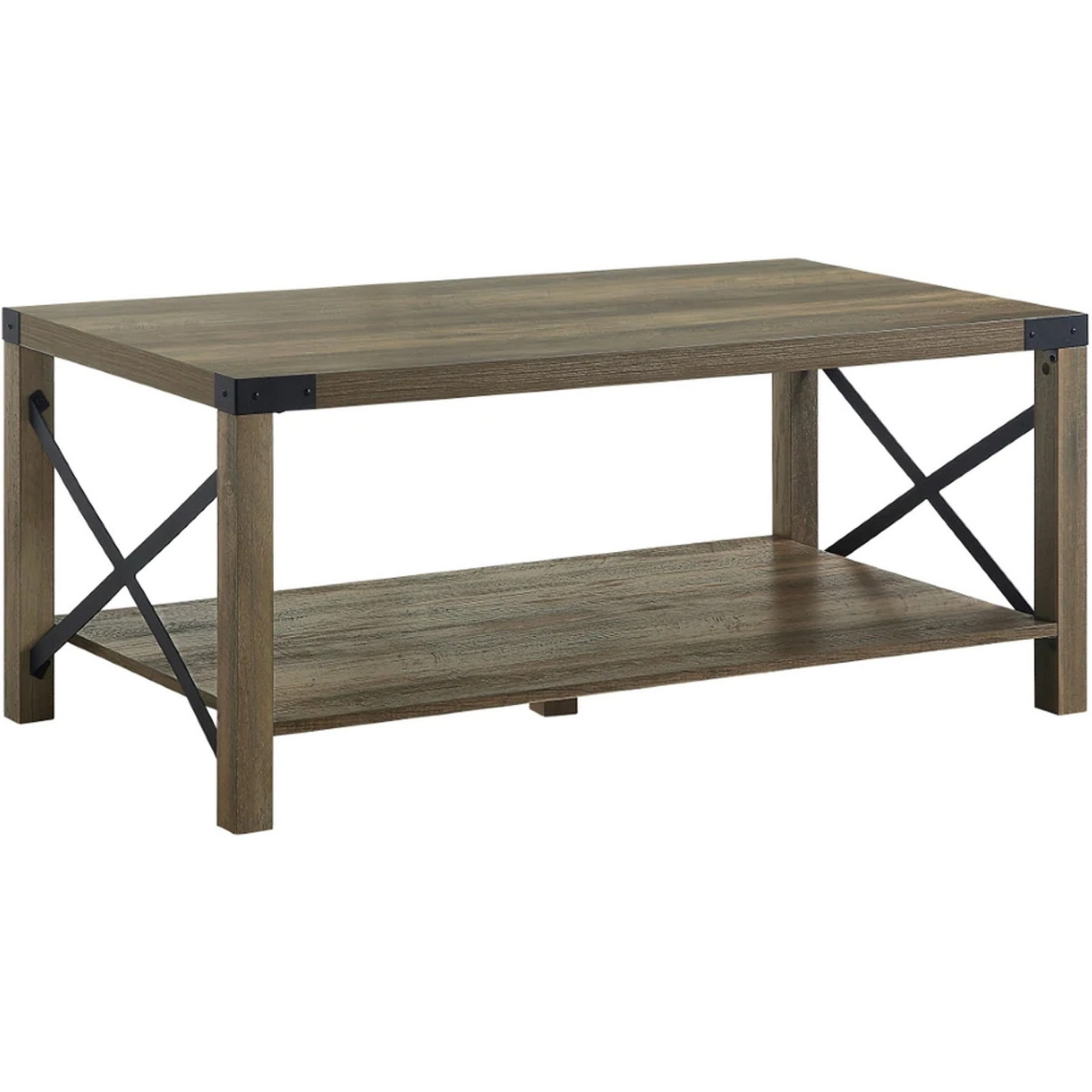 Eli 47 Inch Wood Coffee Table, Metal Brackets, Cross Bars, Rustic Oak Brown
