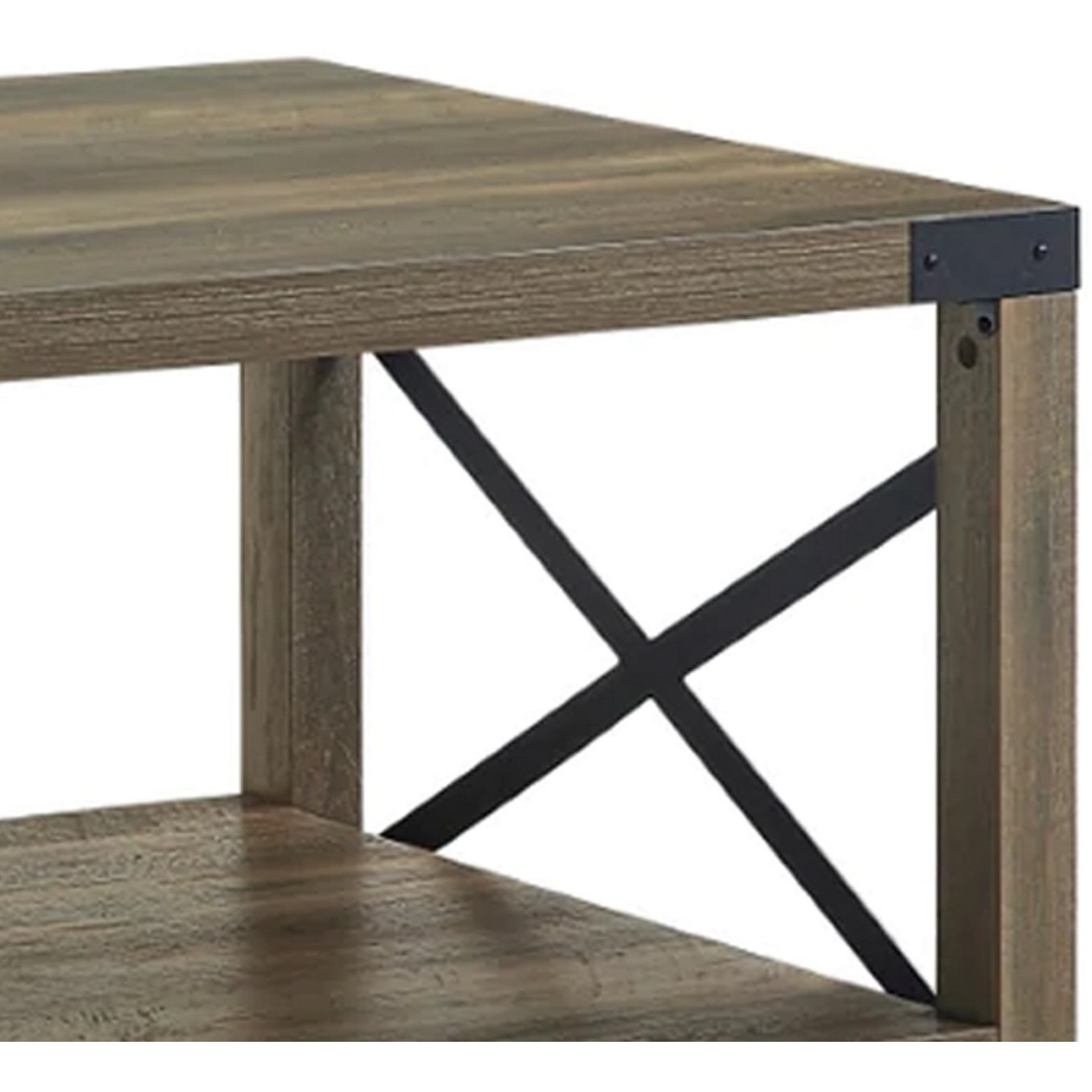 Eli 47 Inch Wood Coffee Table, Metal Brackets, Cross Bars, Rustic Oak Brown