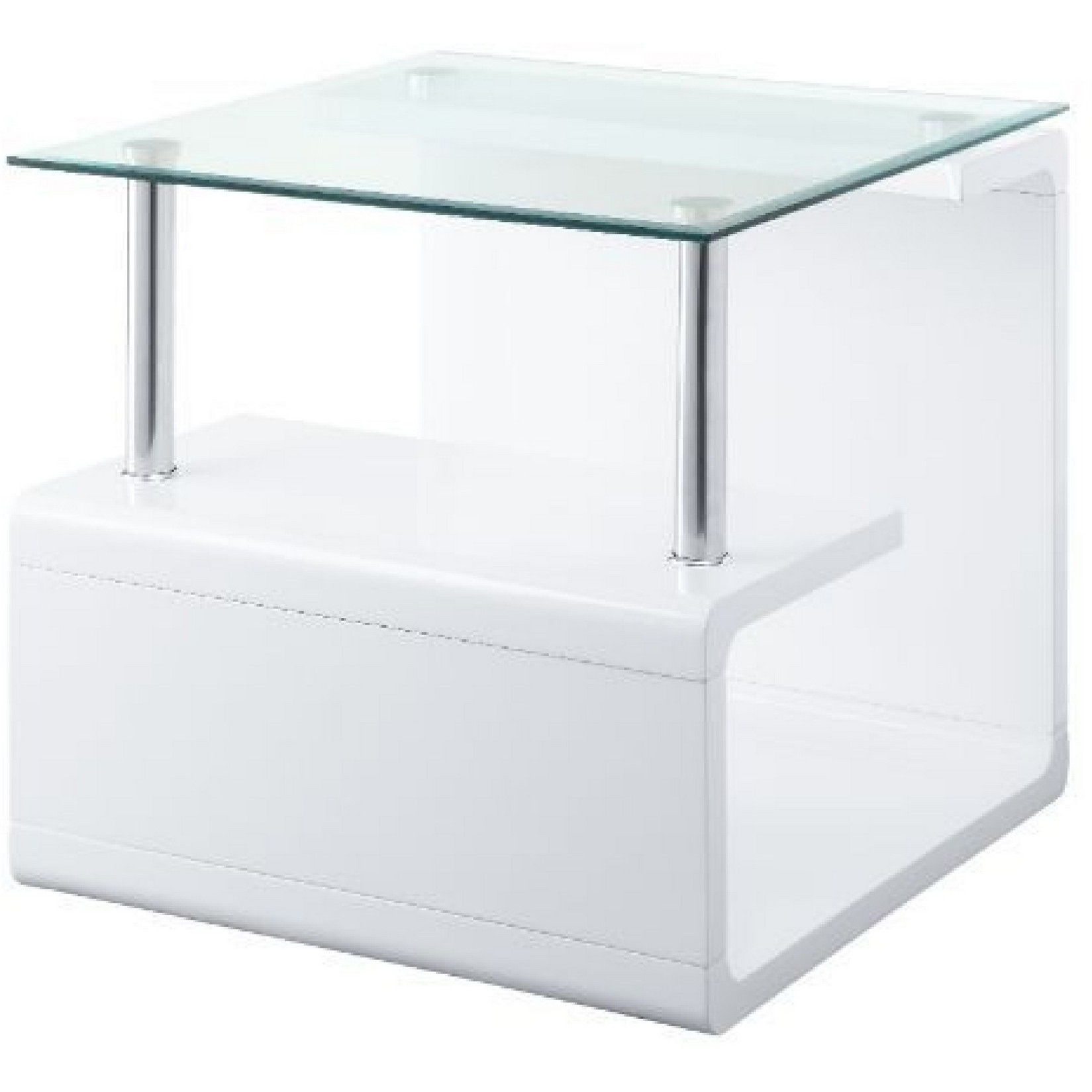 24 Inch Square Accent End Table, Glass Top, Open Shelf, White, Chrome