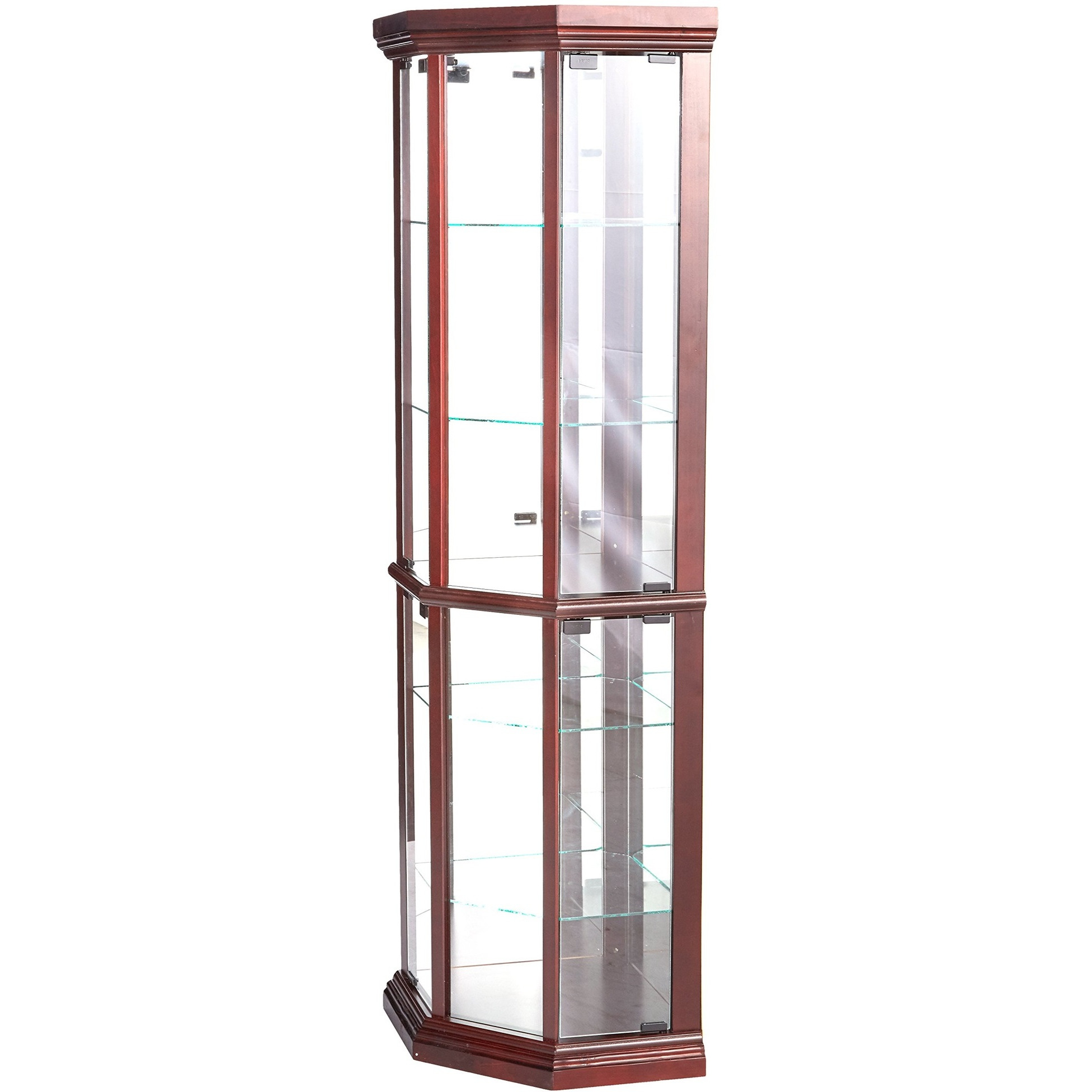 71 Inch China Curio Corner Cabinet, 4 Door 5 Shelves, Wood, Cherry Brown