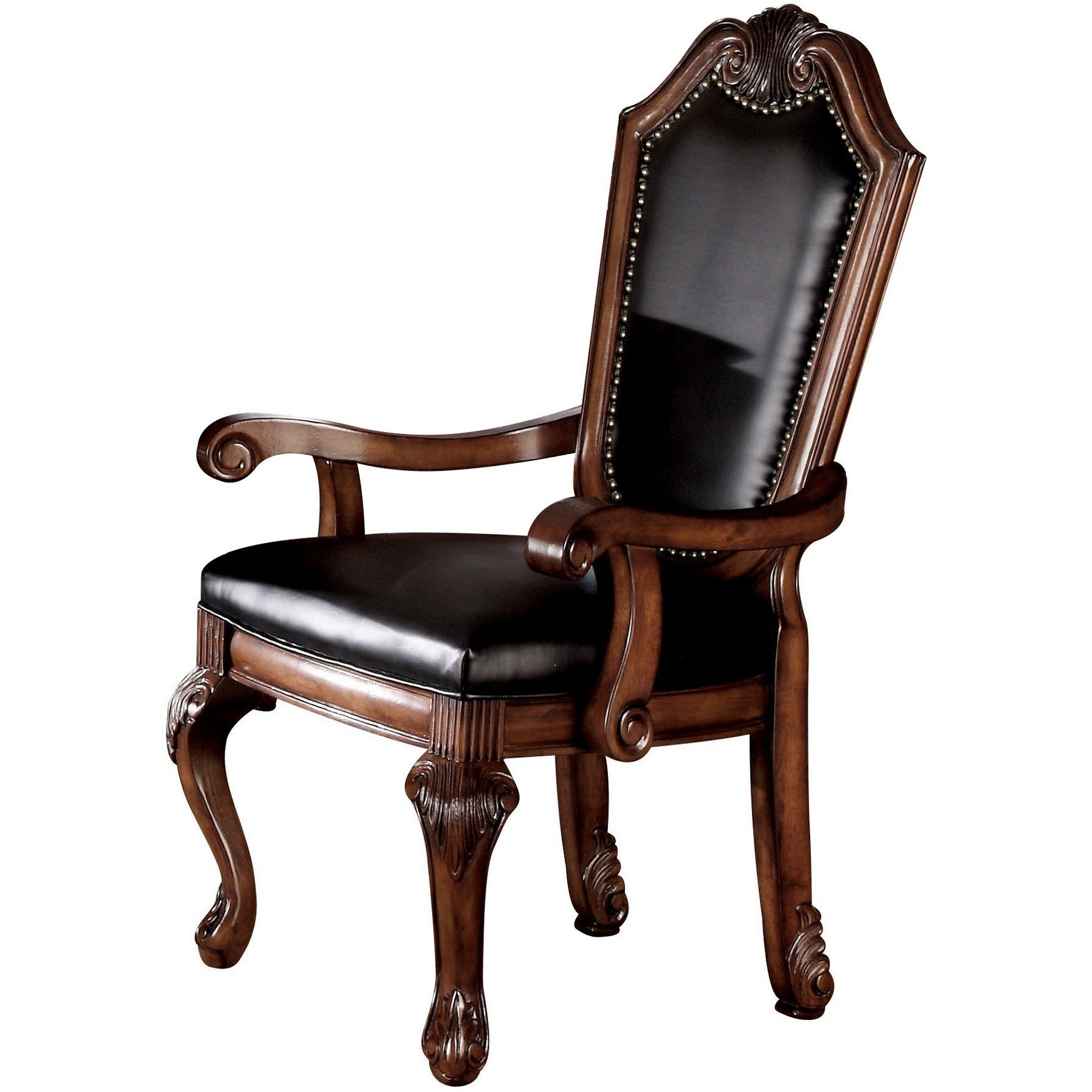 Loki 28 Inch Dining Armchair, Nailhead Trim, Faux Leather, Set of 2, Brown