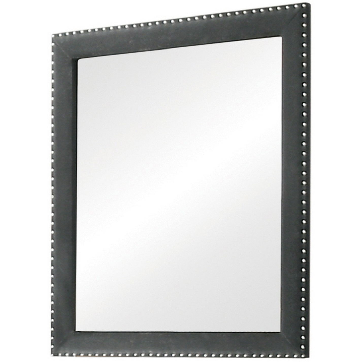 Cale 40 Inch Modern Portrait Mirror, Velvet Upholstery, Nailhead Trim, Gray