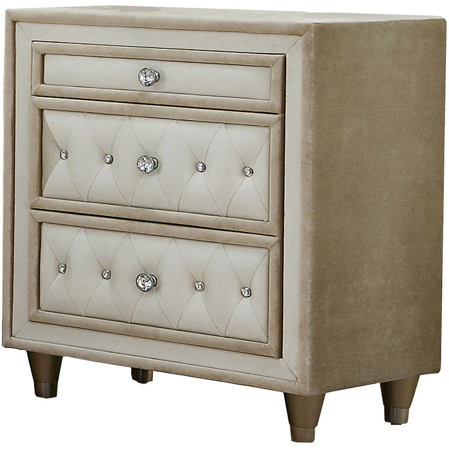 Matt 30 Inch Modern Nightstand, 3 Drawers, Velvet Tufted, Ivory Light Brown