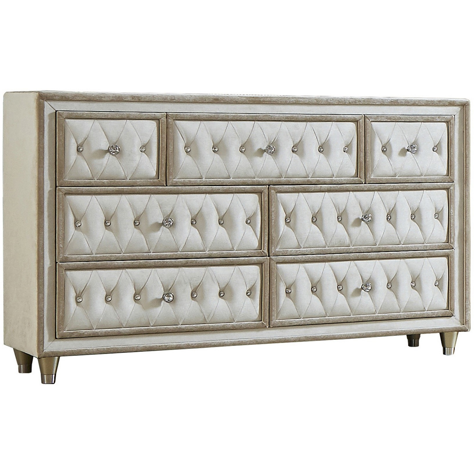 Matt 61 Inch Side Dresser, 7 Drawers, Velvet Tufted, Ivory, Light Brown