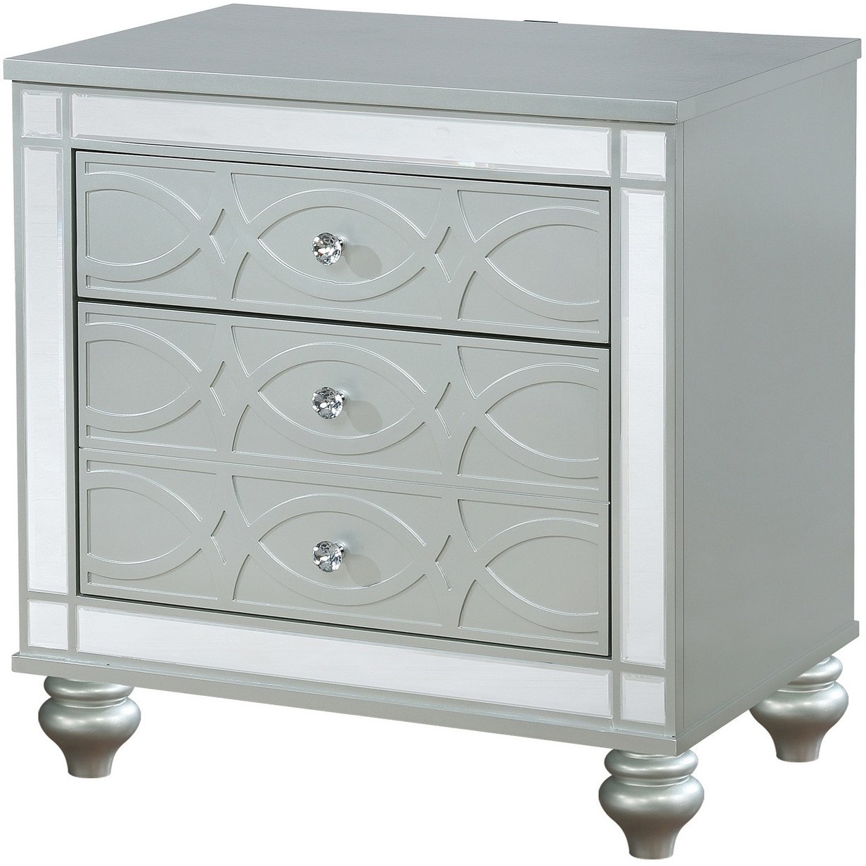 Gina 29 Inch Modern Glam Nightstand, Round Crystal Knobs, USB Ports, Silver