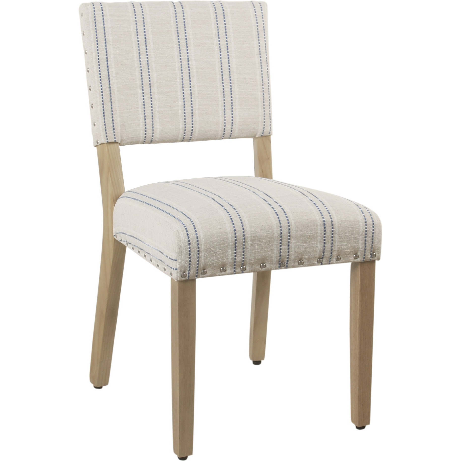 Wooden Dining Chair with Striped Pattern Fabric Cushioned Seat, Blue and White, Set of Two