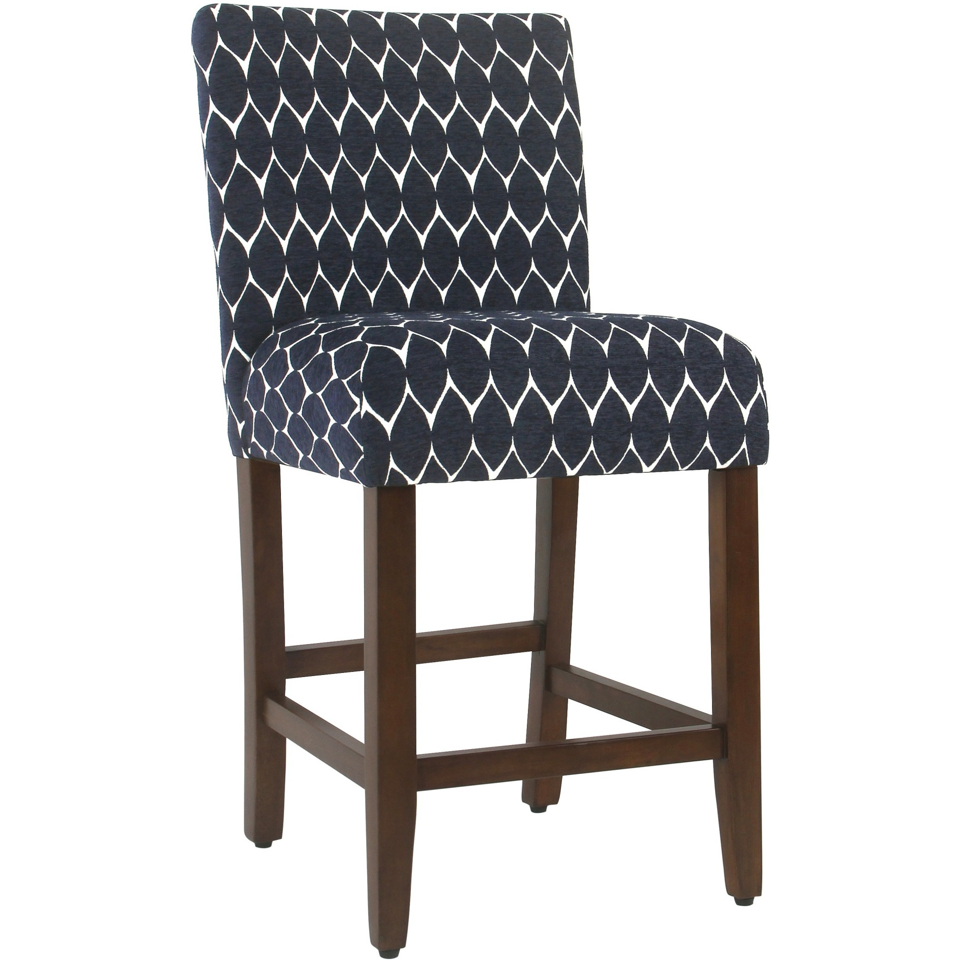 Wooden 24 Inch Counter Height Stool with Geometric Pattern Fabric Upholstery, Blue and White