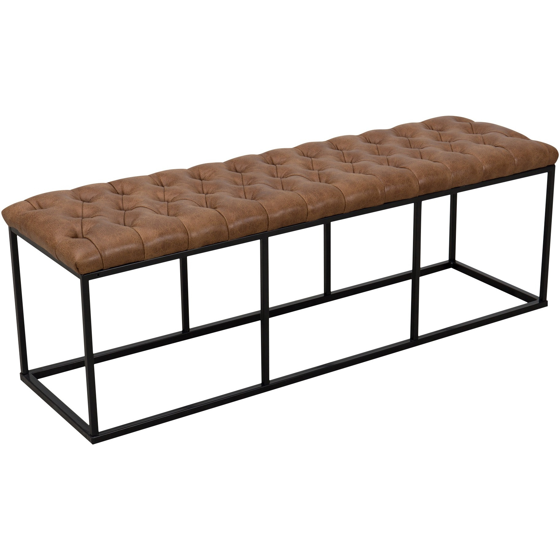 Leatherette Upholstered Bench with Button Tufted Cushioned Seat and Metal Base, Brown