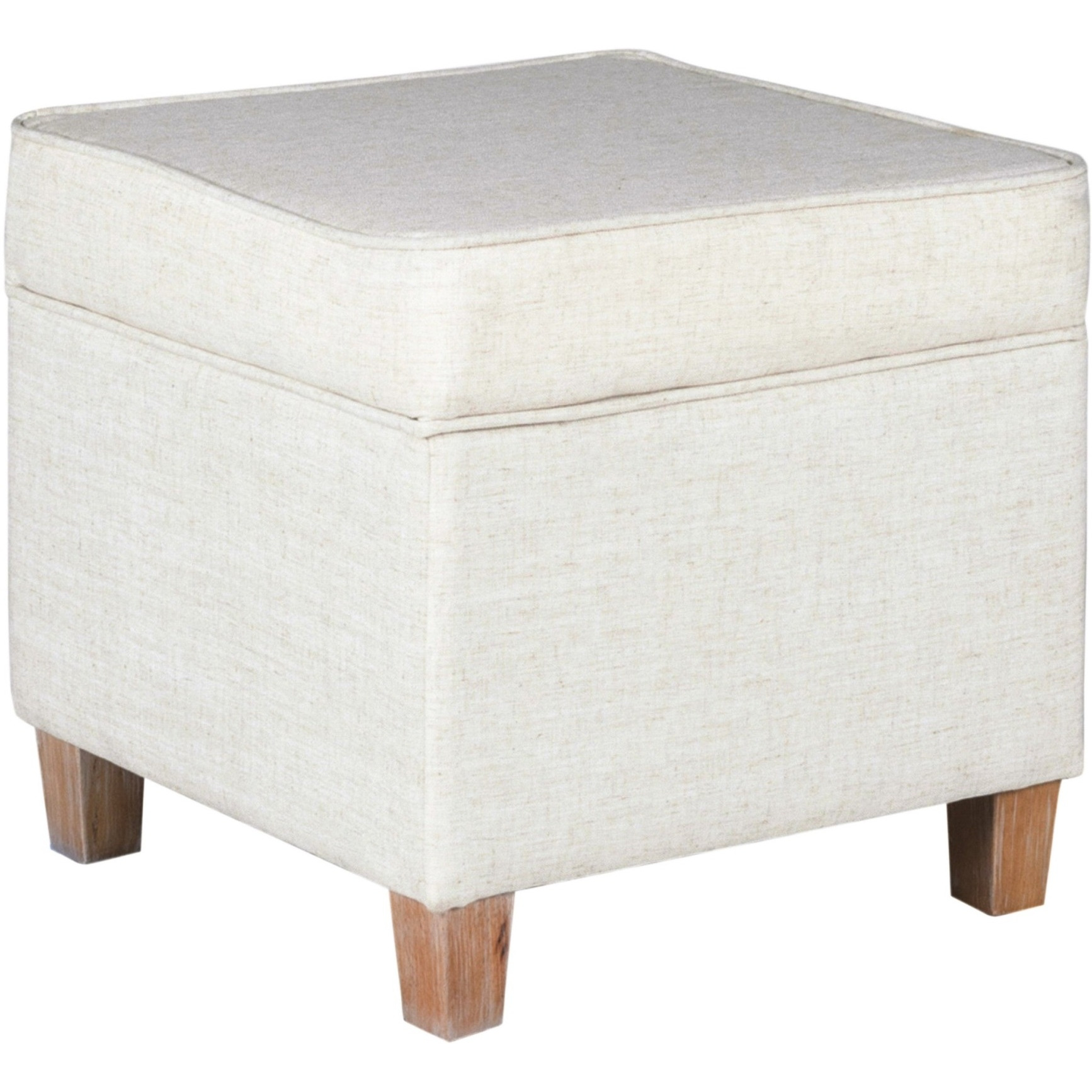 Square Shape Fabric Upholstered Ottoman with Lift Off Top and Wooden Tapered Feet, White and Brown
