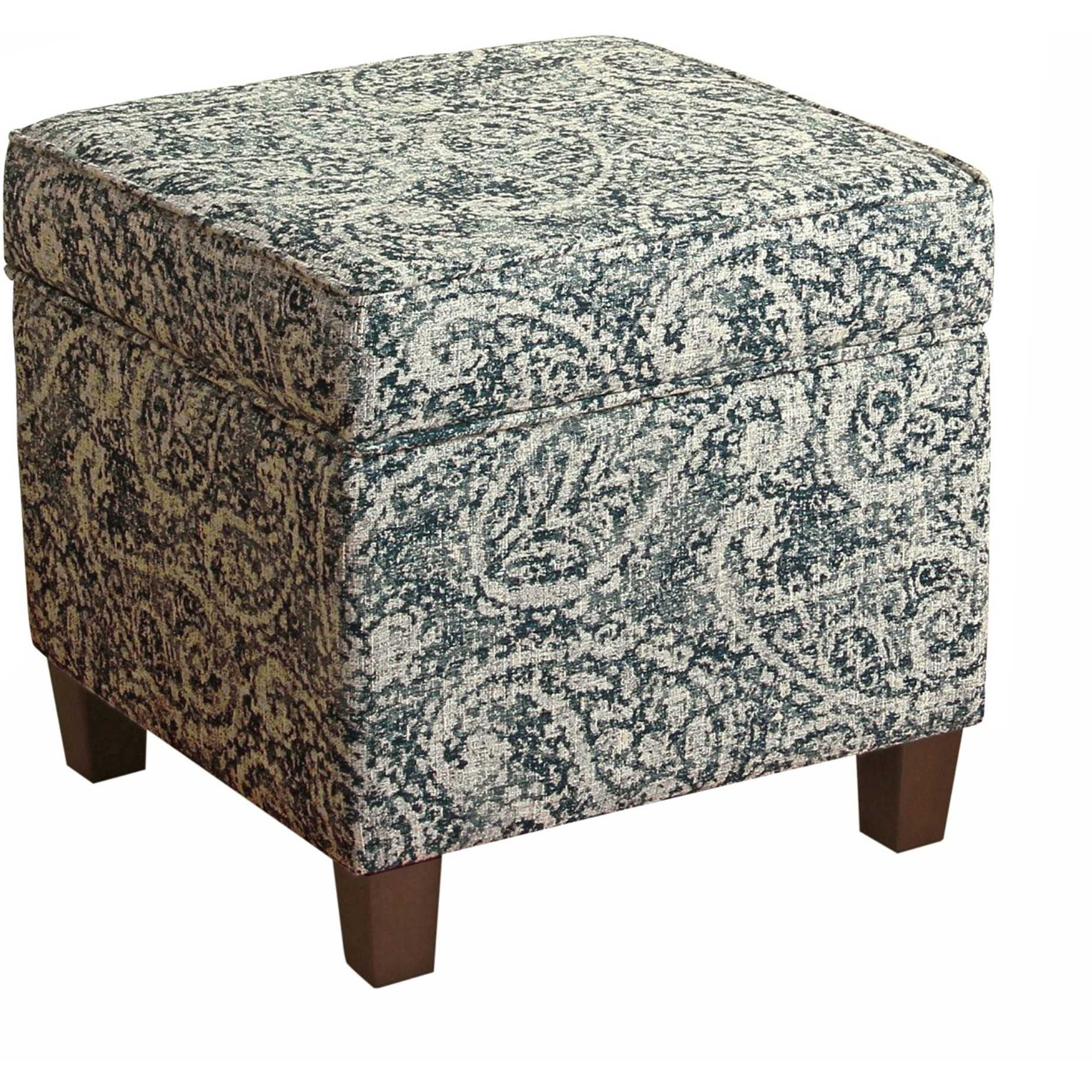 Paisley Pattern Fabric Upholstered Wooden Ottoman with Lift Off Top, Blue and Gray