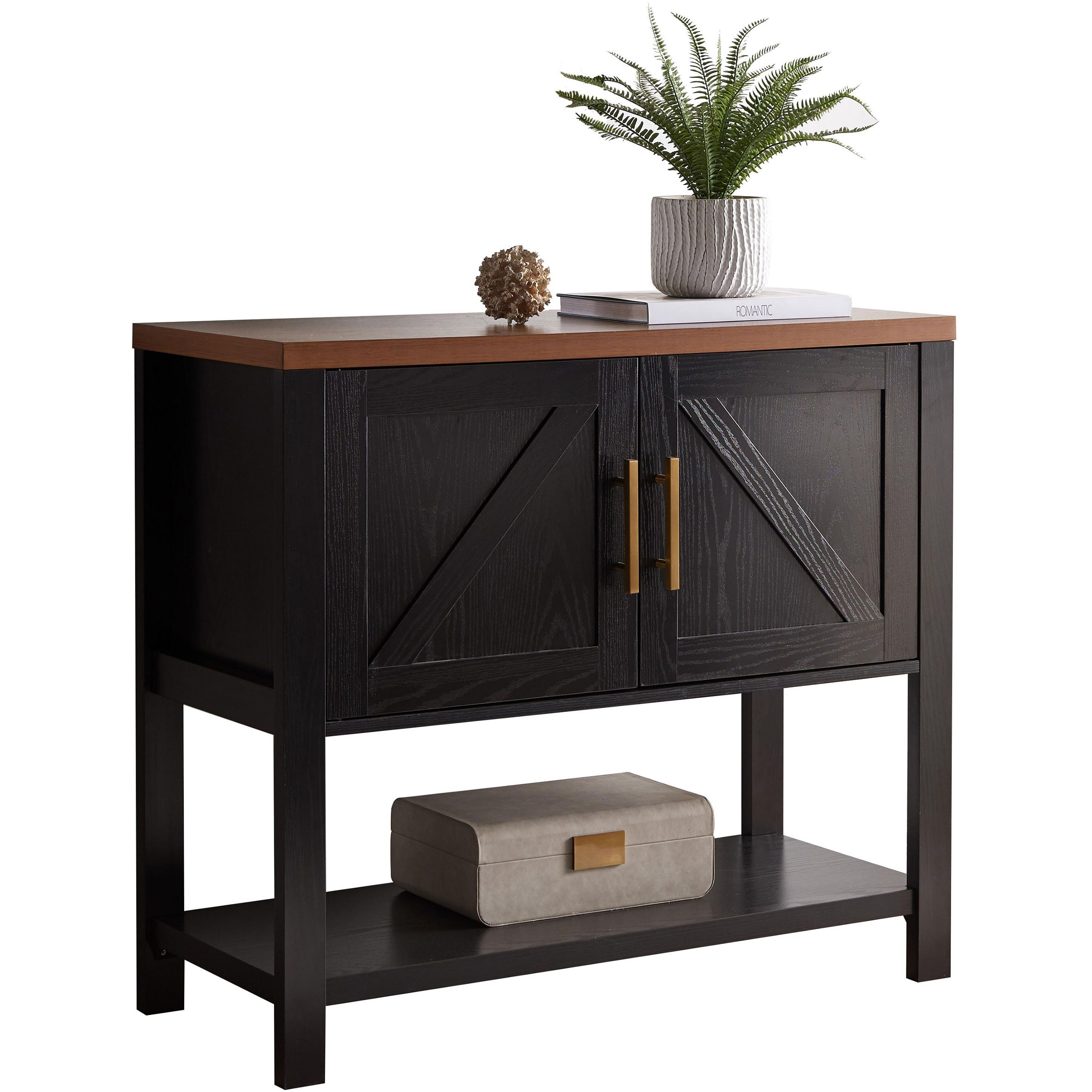 Duquette 2-Door Modern Storage Console Table, Black & Walnut Wood