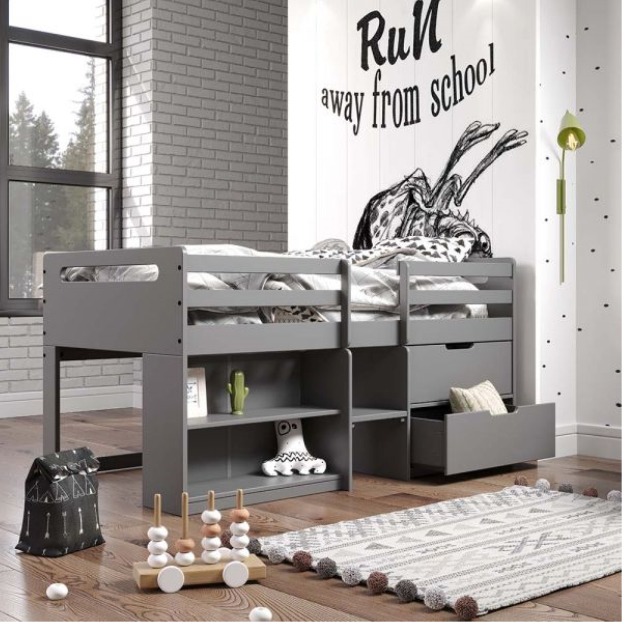 BD01375 Twin Loft Bed w/Storage - Gray Finish, Fabiana (1Set/3Ctn)