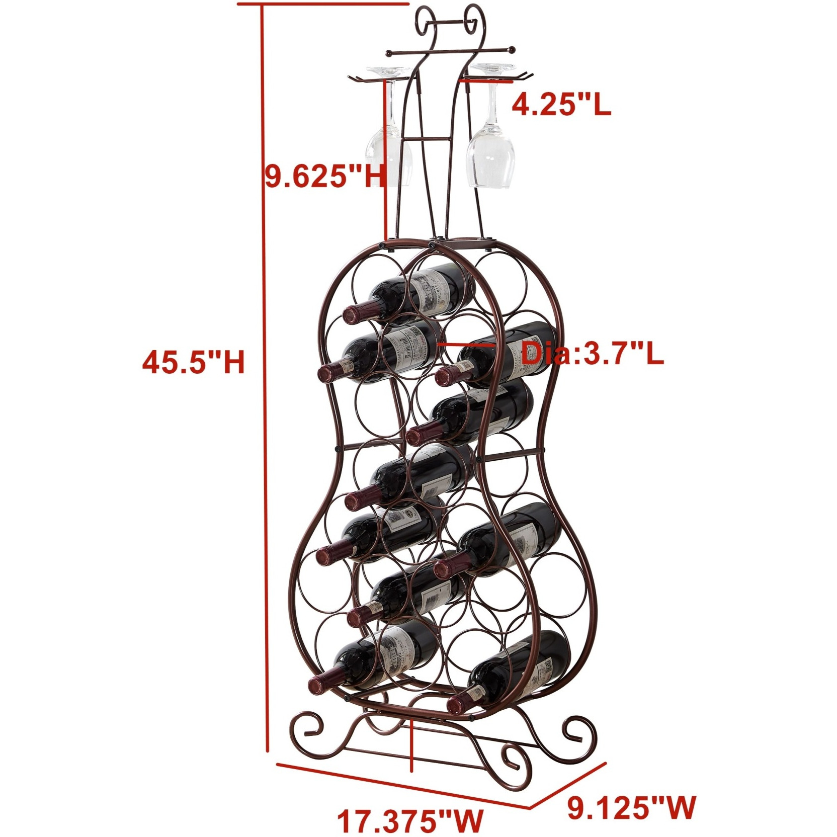 Flamenco Bronze Metal Free Standing 19 Bottle Wine Rack with Stemware Holders
