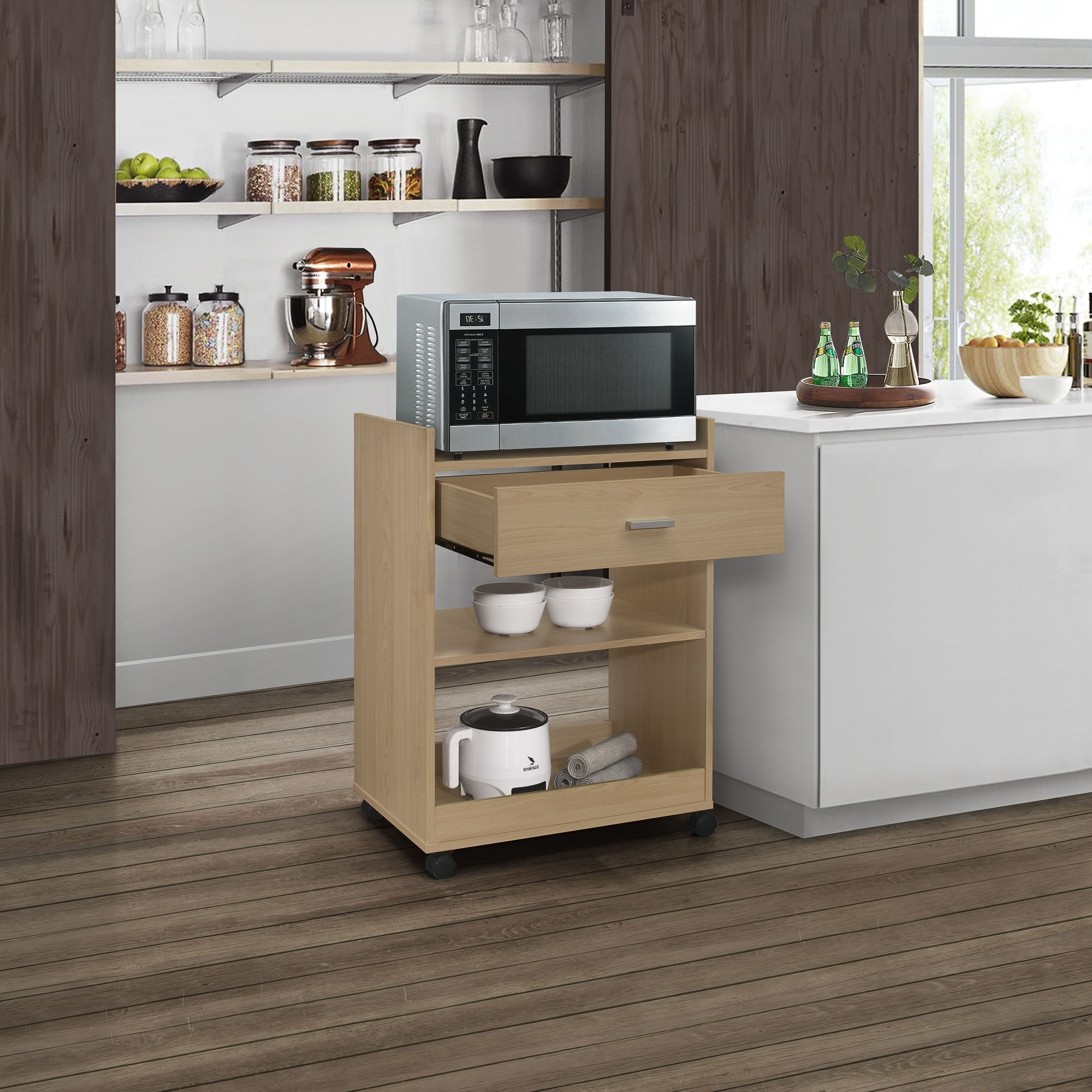 Centennial Wheeled Kitchen Island Microwave Serving Cart with Storage, Beech Wood