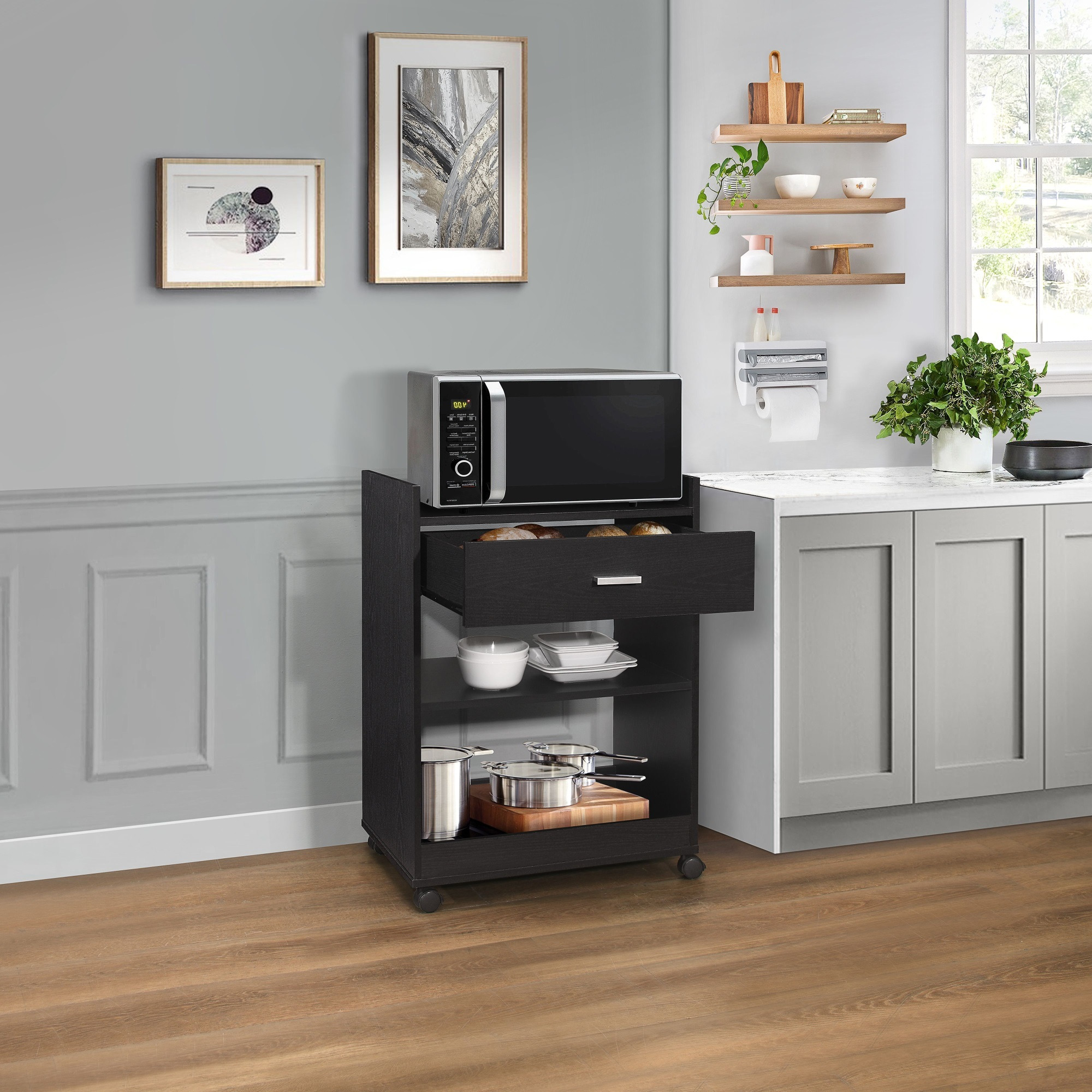 Centennial Wheeled Kitchen Island Microwave Serving Cart with Storage, Oak Black Wood