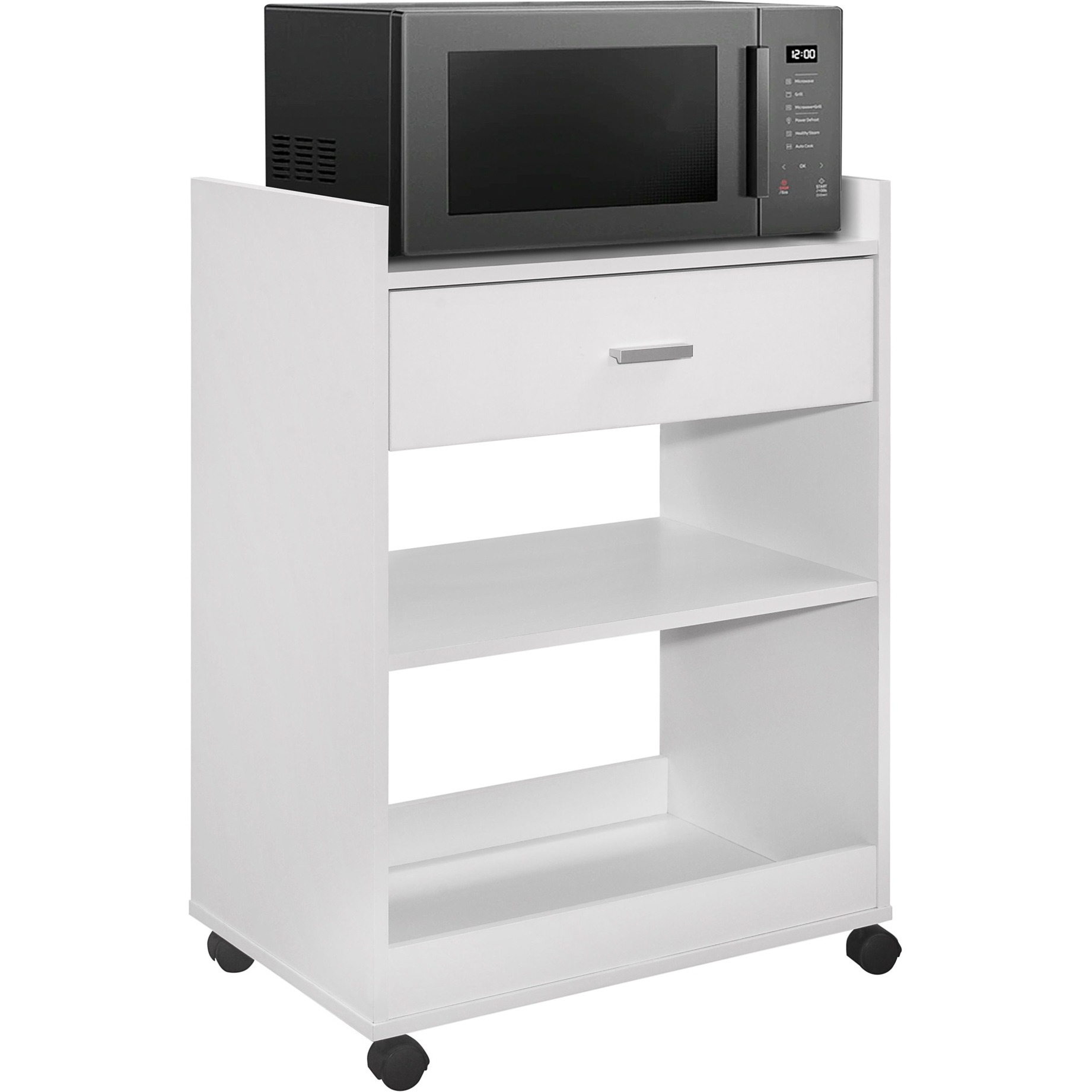 Centennial Wheeled Kitchen Island Microwave Serving Cart with Storage, White Wood