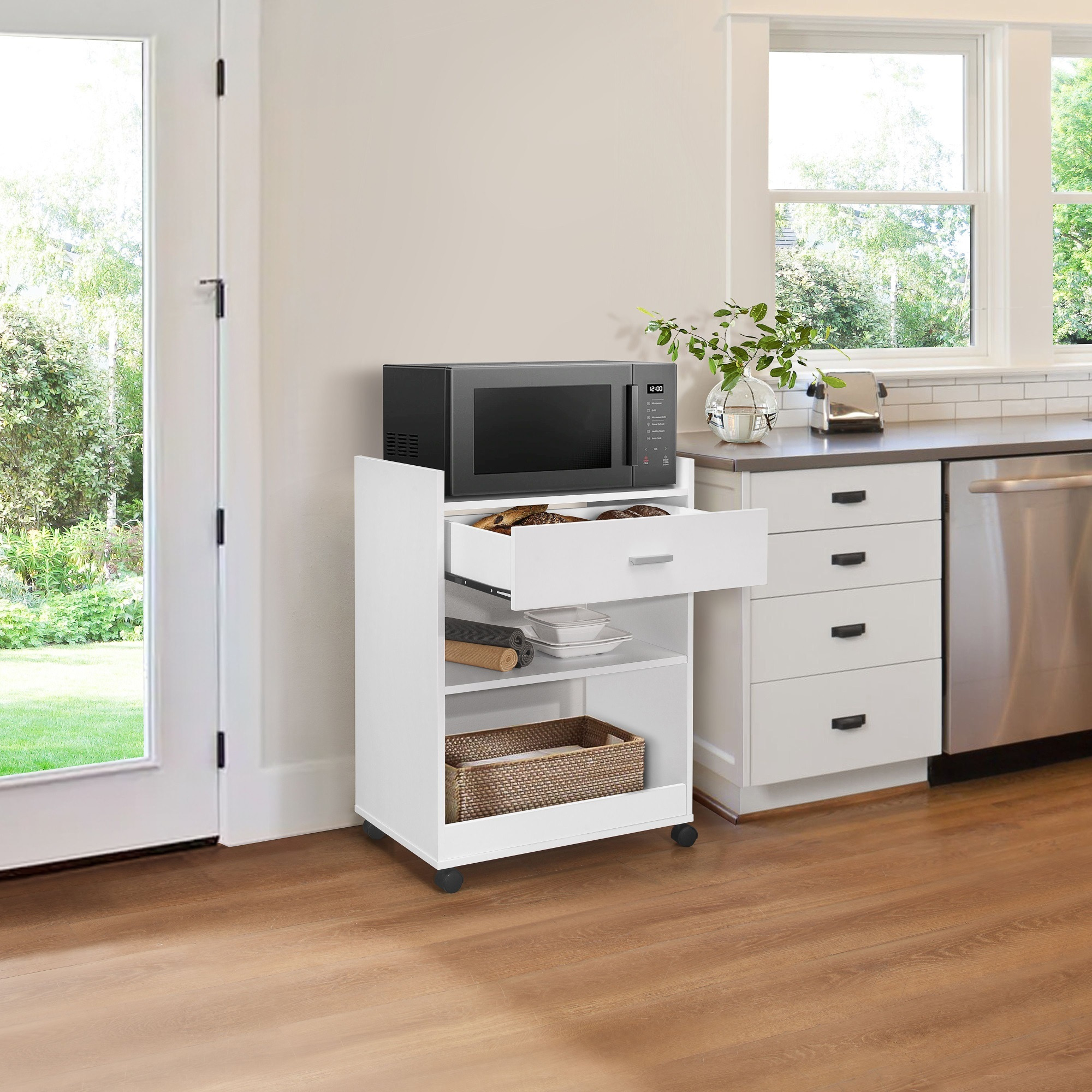 Centennial Wheeled Kitchen Island Microwave Serving Cart with Storage, White Wood