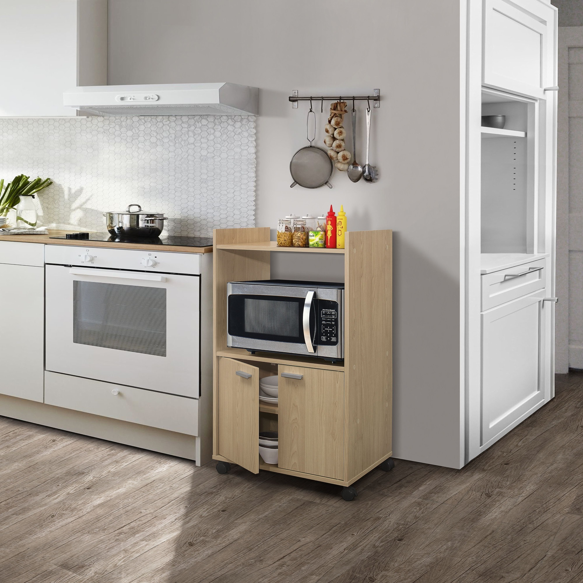 Centennial Wheeled Kitchen Island Microwave Storage Cabinet, Beech Wood