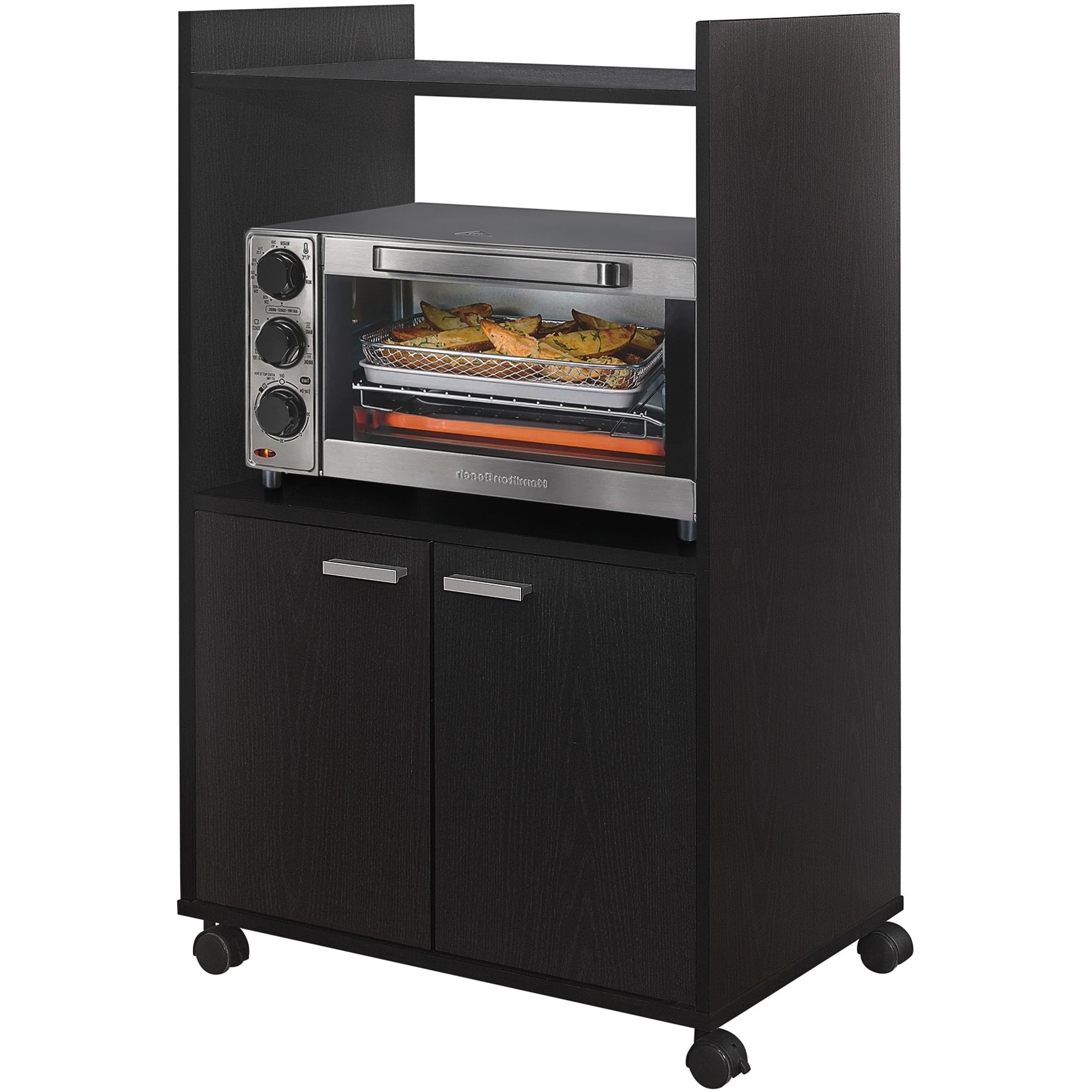 Centennial Wheeled Kitchen Island Microwave Storage Cabinet, Oak Black Wood