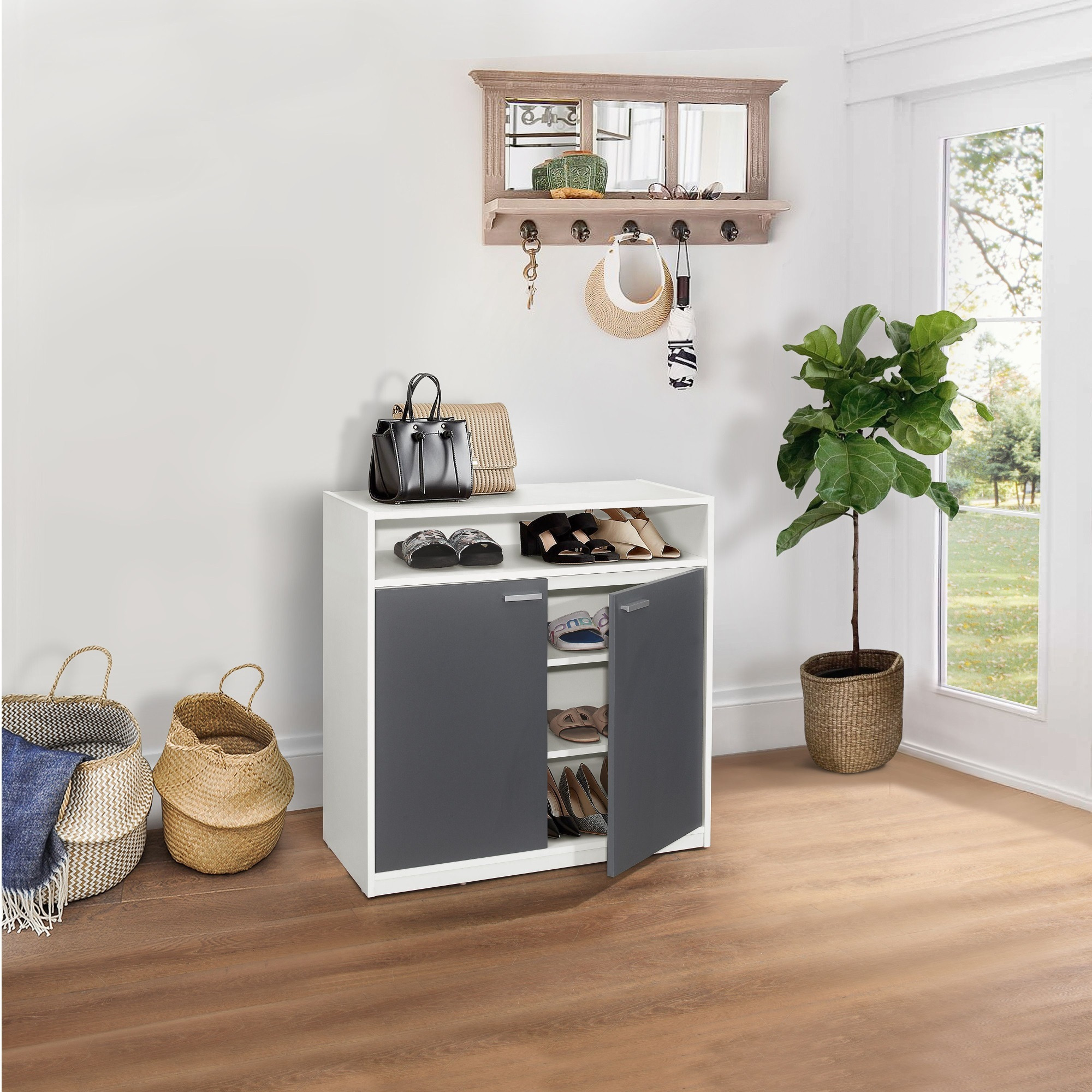 Moretz 2-Door Shoe Storage Cabinet, White & Gray Wood
