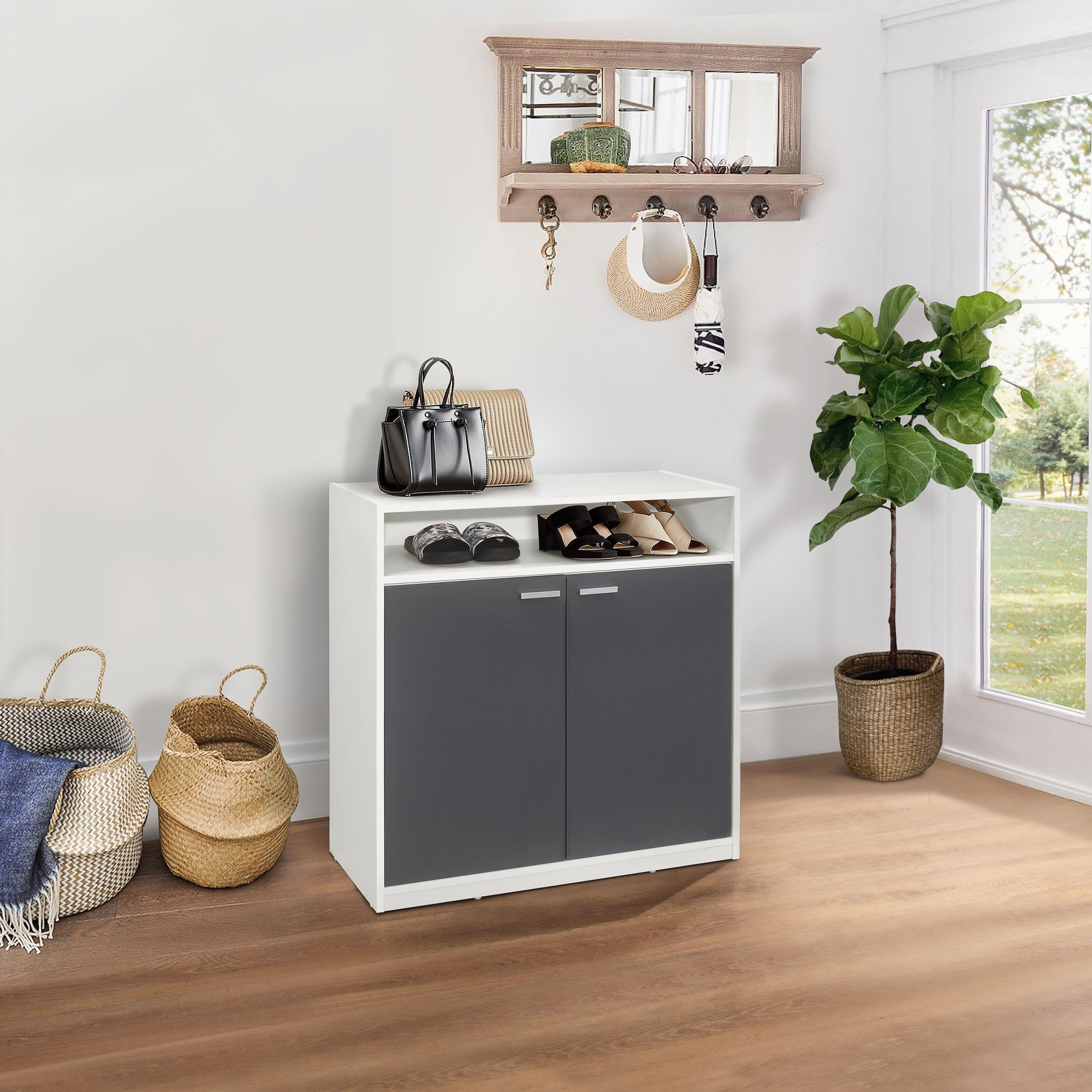 Moretz 2-Door Shoe Storage Cabinet, White & Gray Wood
