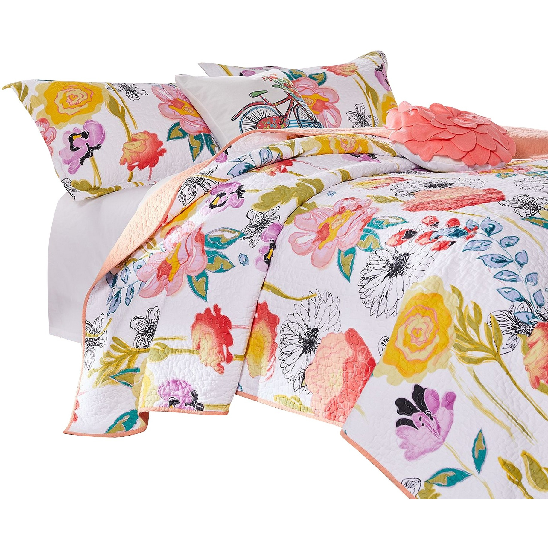 Mavi 5 Piece Reversible Full Quilt Set, Spring Floral Print, Multicolor