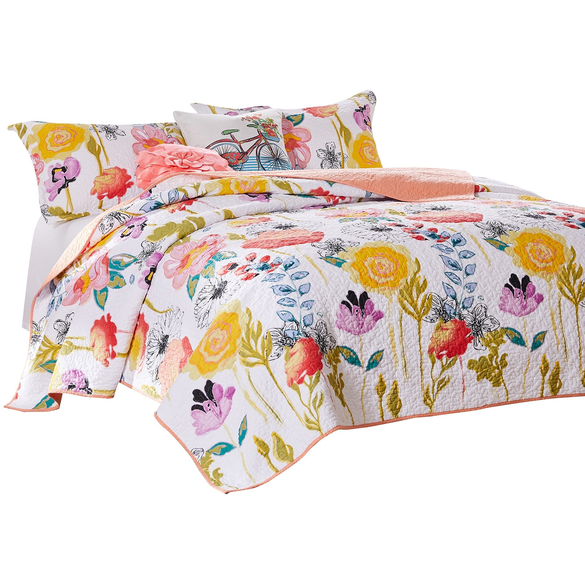 Mavi 5 Piece Reversible Full Quilt Set, Spring Floral Print, Multicolor